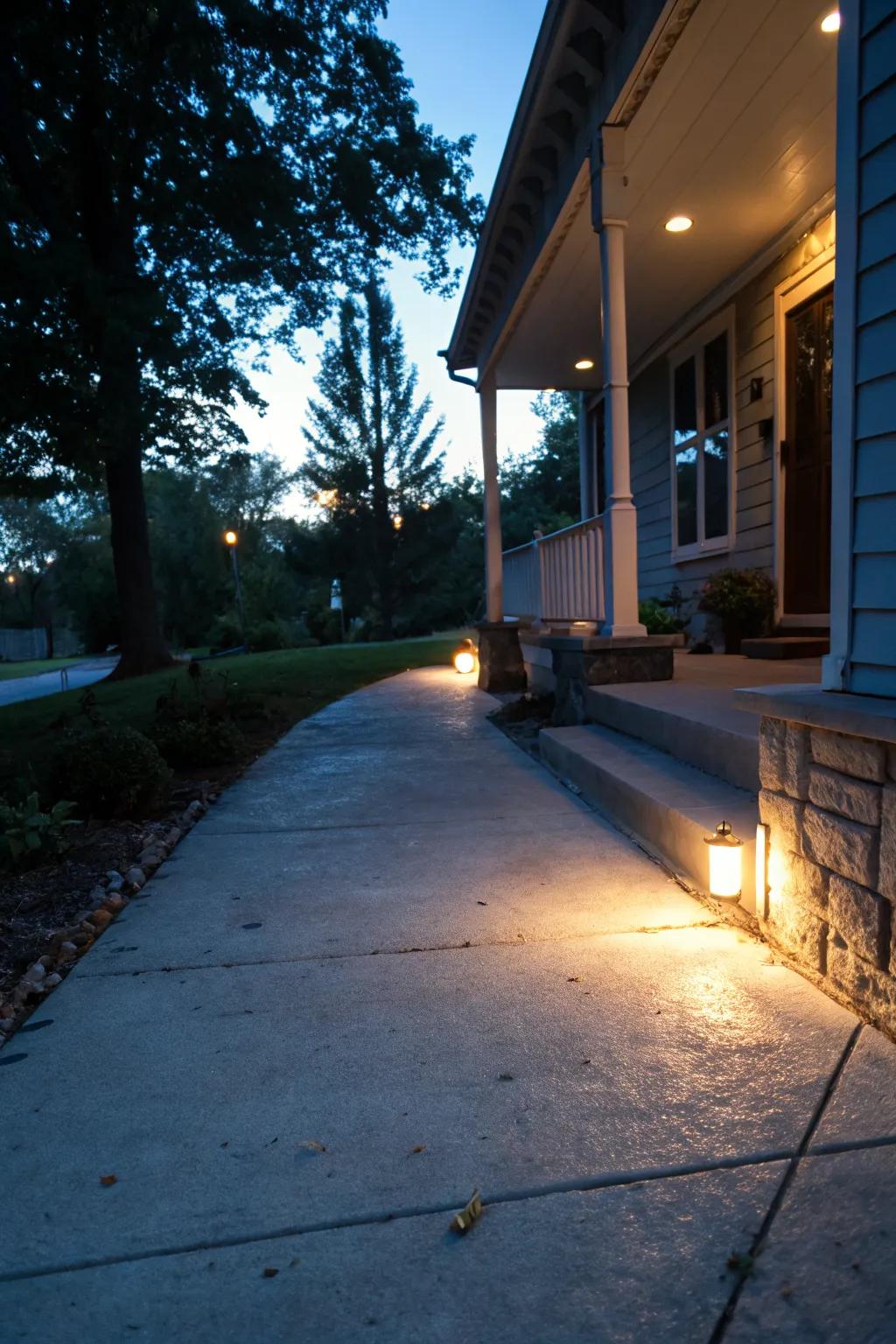Ambient lighting transforms your cement porch into an evening haven.
