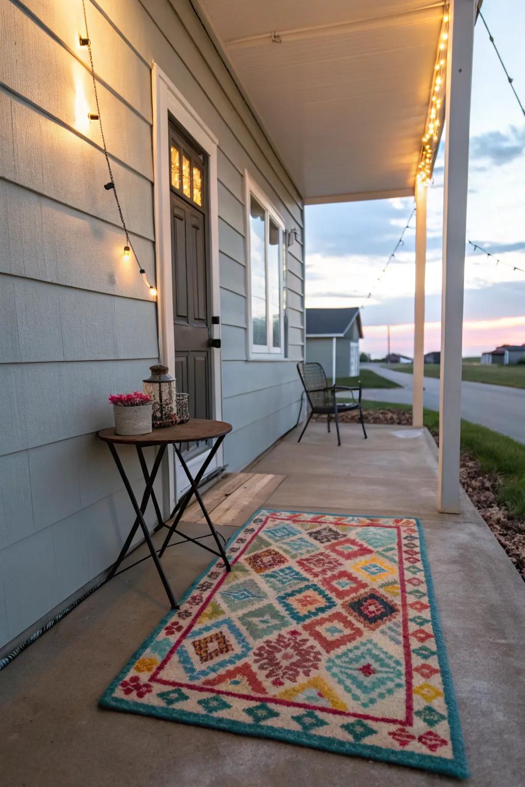 An outdoor rug adds warmth and style to a cement porch.