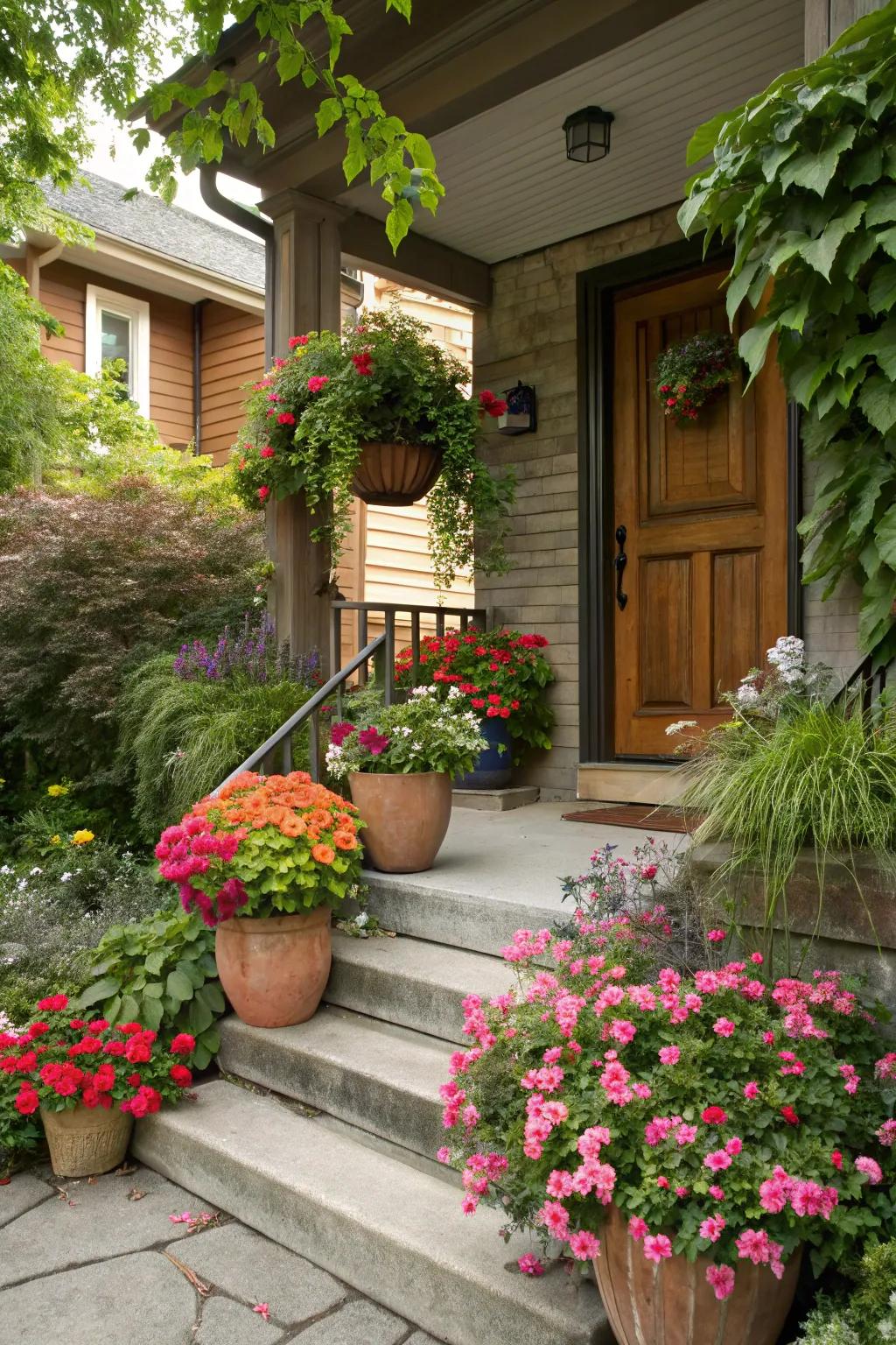 Enhance your entrance with vibrant plants for a welcoming touch.