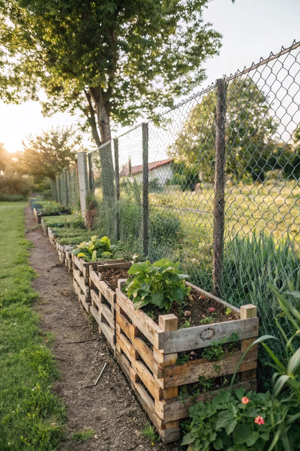 Repurposed pallets offer a rustic, eco-friendly fence enhancement.