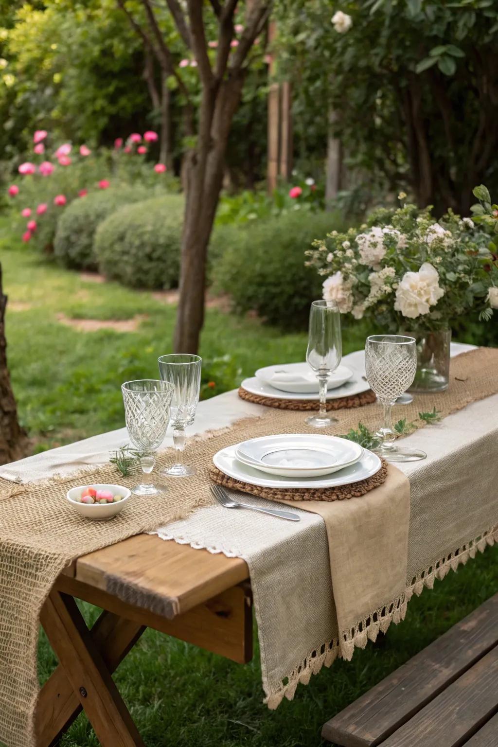 Burlap table runners add rustic charm.