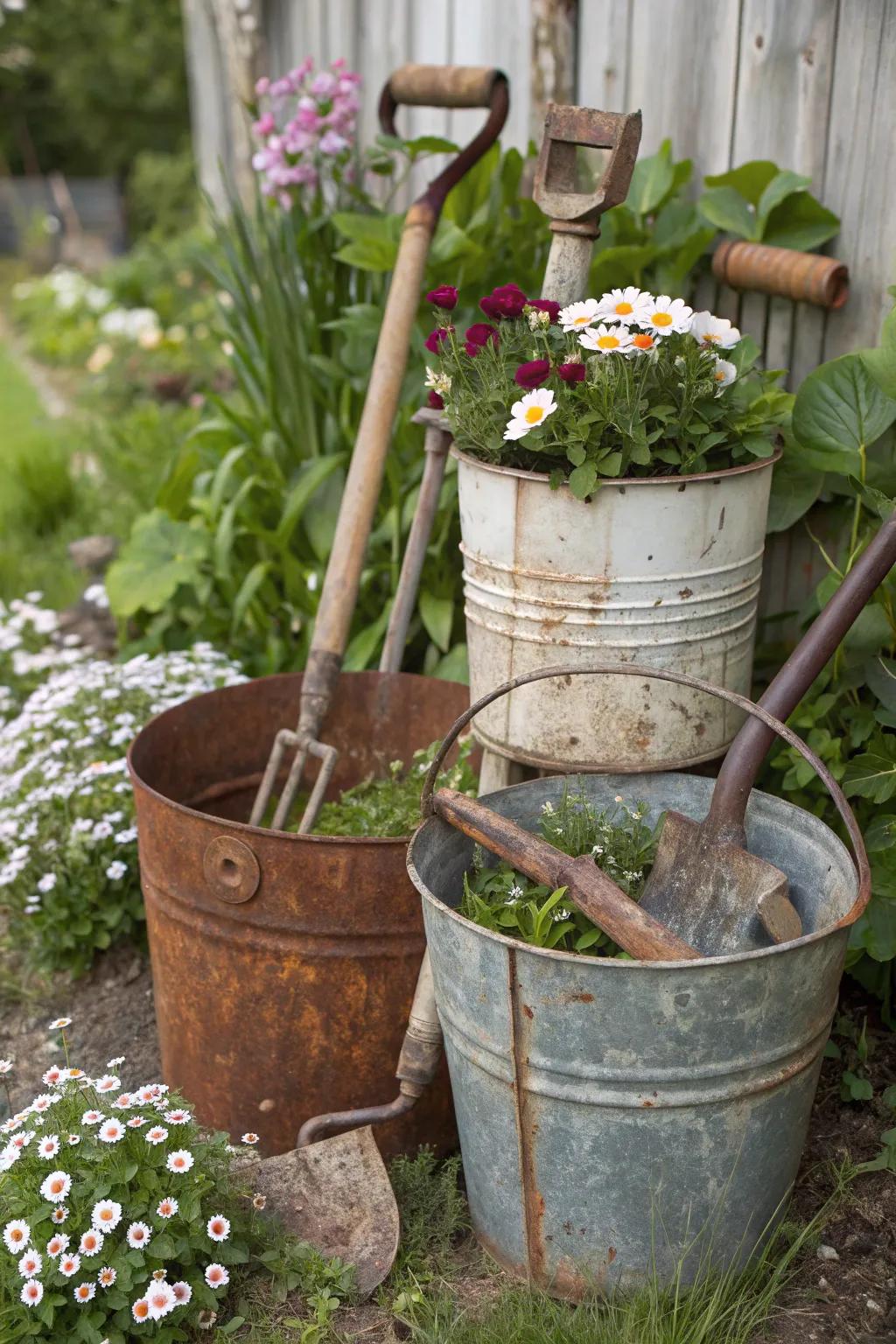 Upcycled items bring unique character to garden spaces.