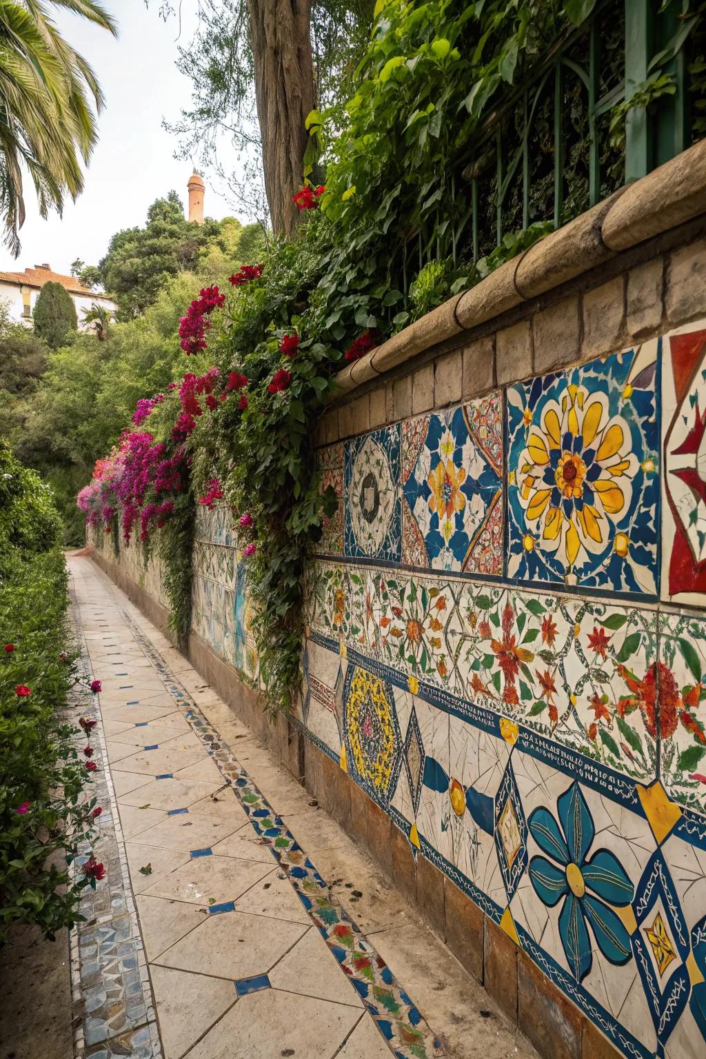 A garden wall decorated with vibrant mosaic tiles.