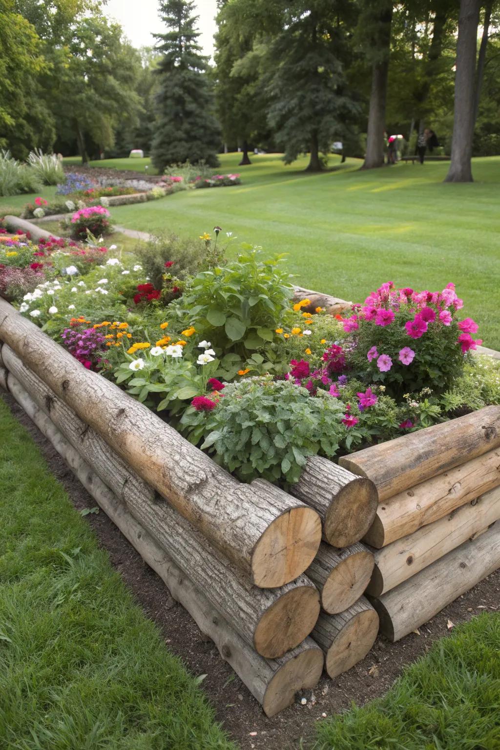 Log roll edging adds a cozy, rustic touch to garden borders.