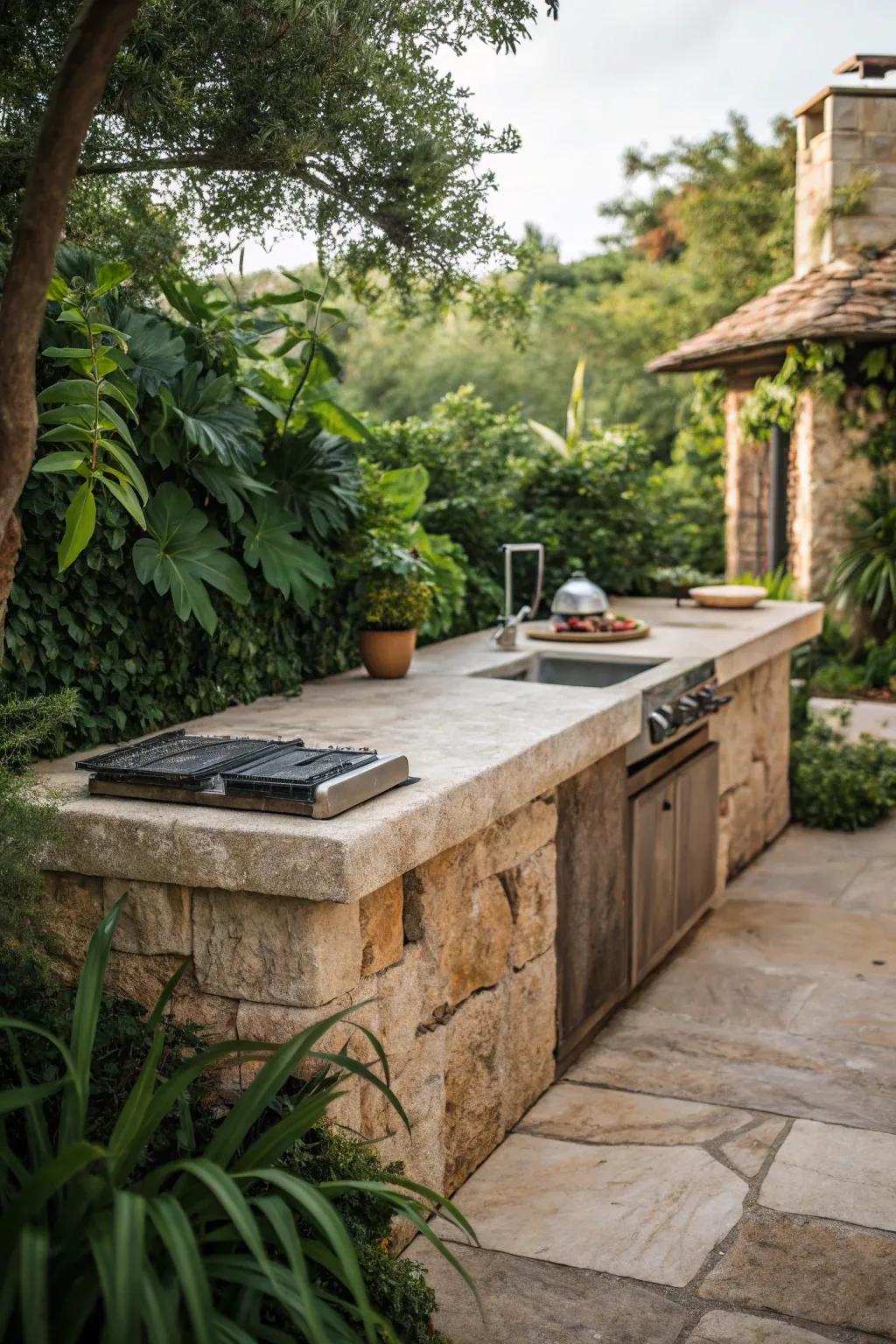Salvaged stone is an eco-friendly and cost-effective choice for outdoor countertops.