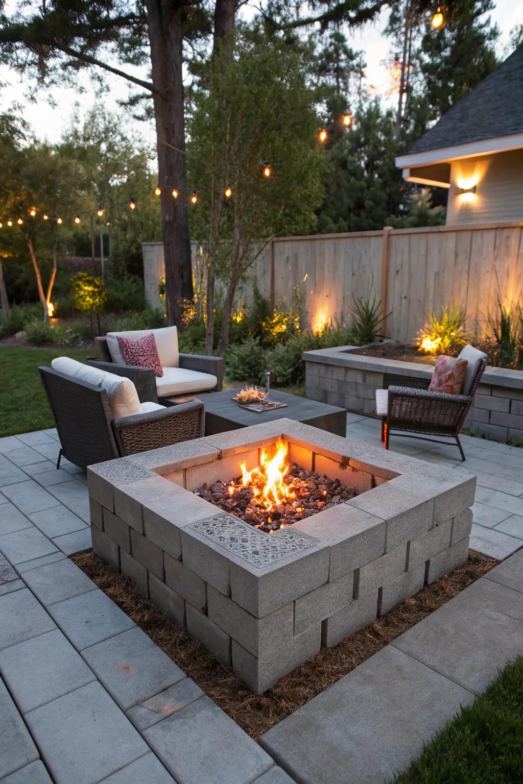 Sturdy and stylish concrete block fire pit