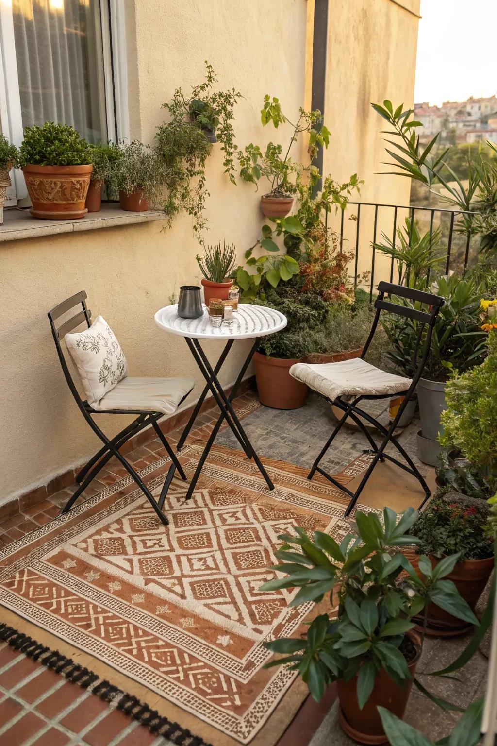 Add a touch of comfort with an outdoor rug.
