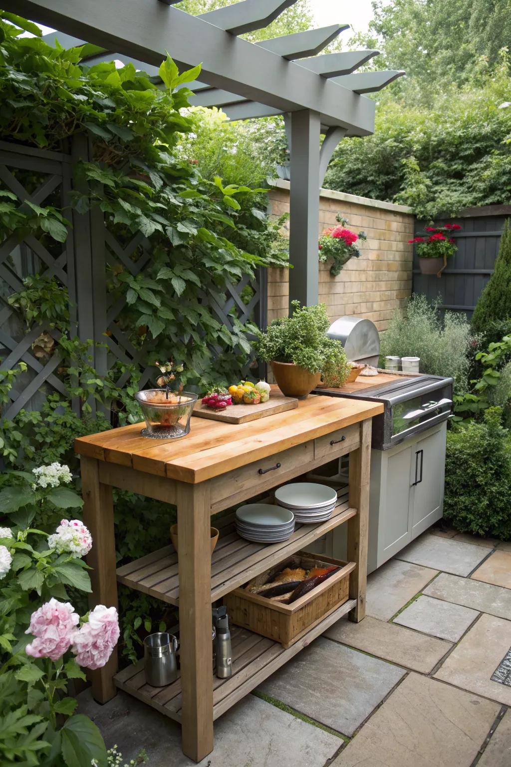 Butcher block countertops add warmth and charm to outdoor kitchens.
