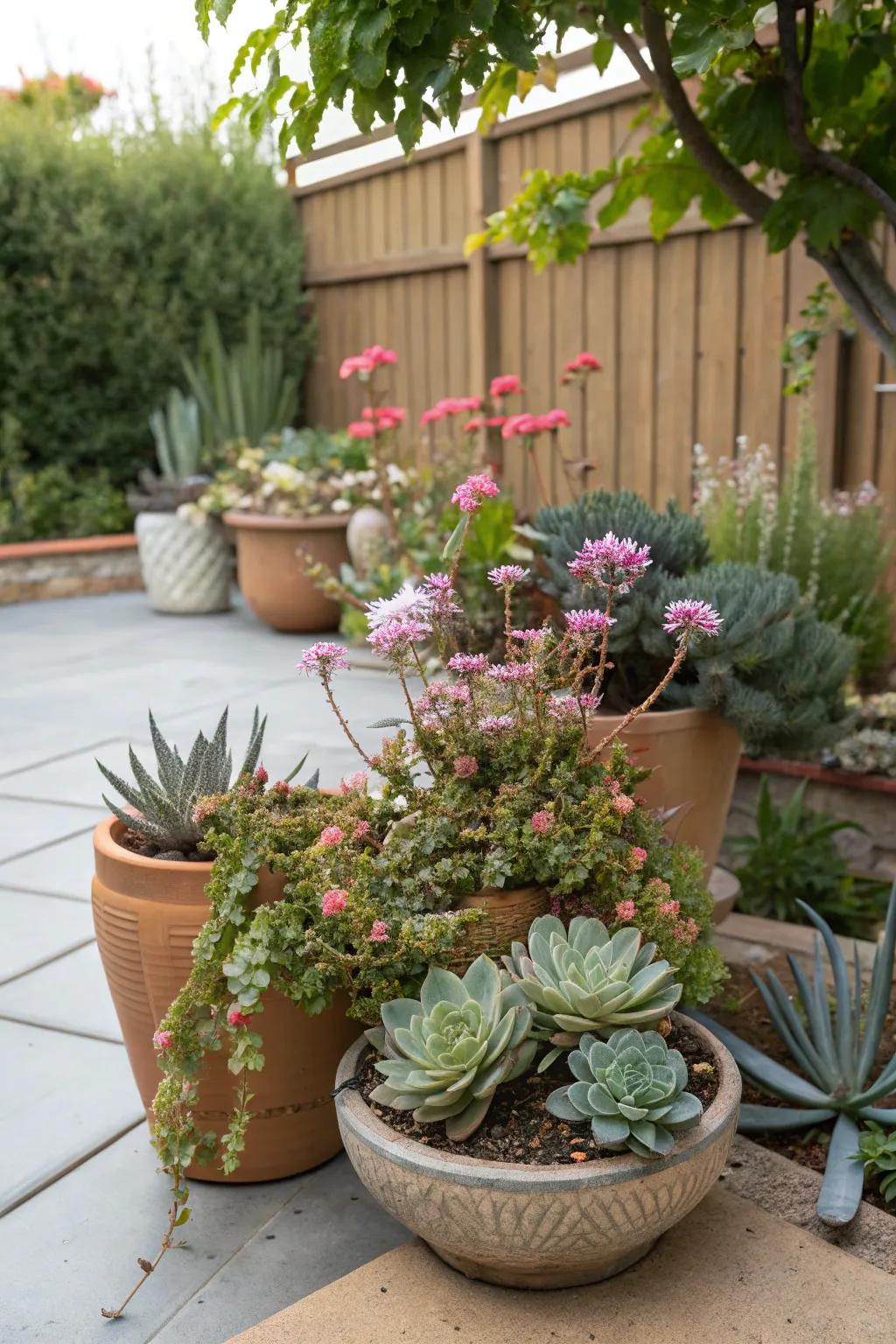 Potted plants bring color and life to any outdoor space.