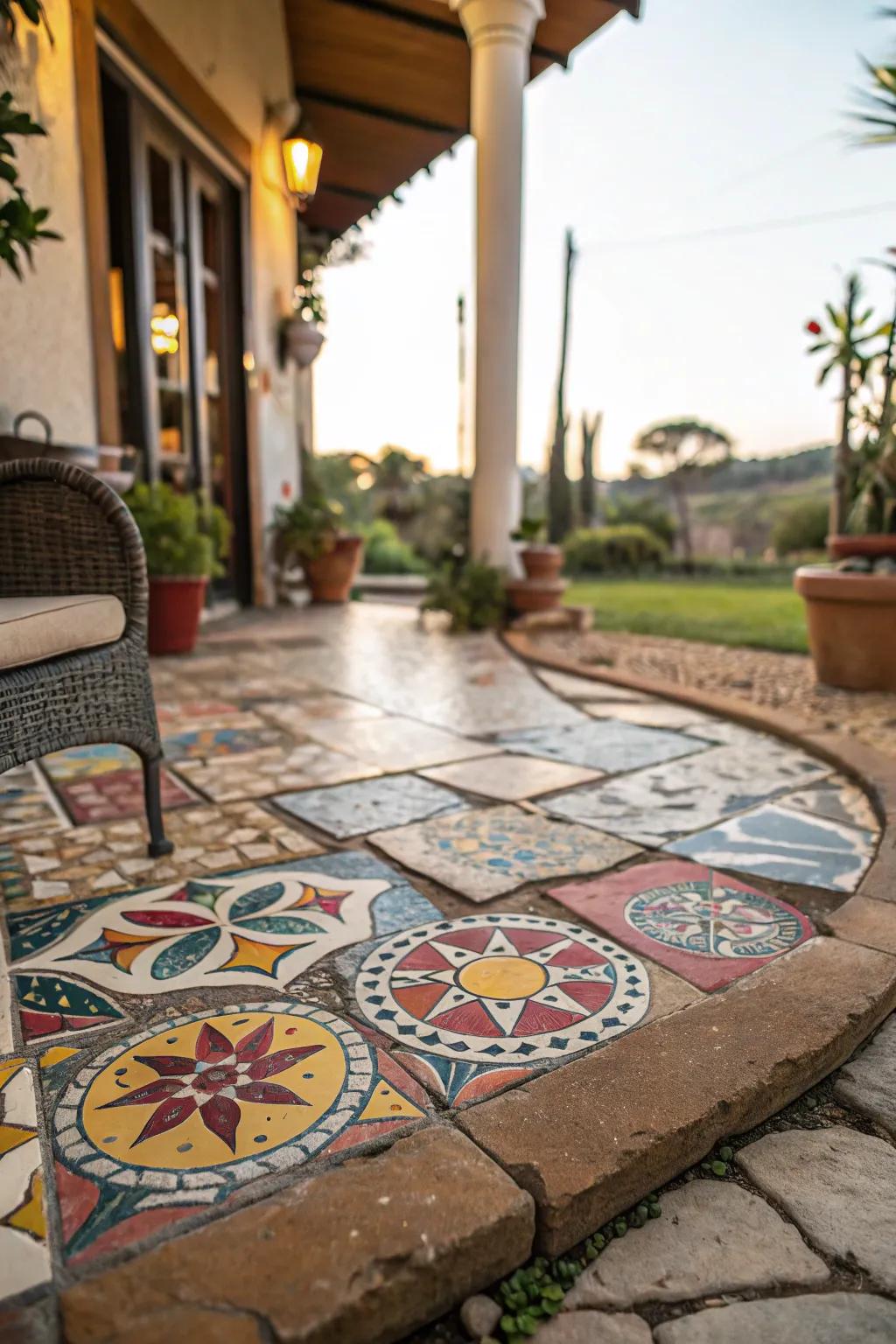 Mosaic designs turn broken tiles into artistic patio surfaces.