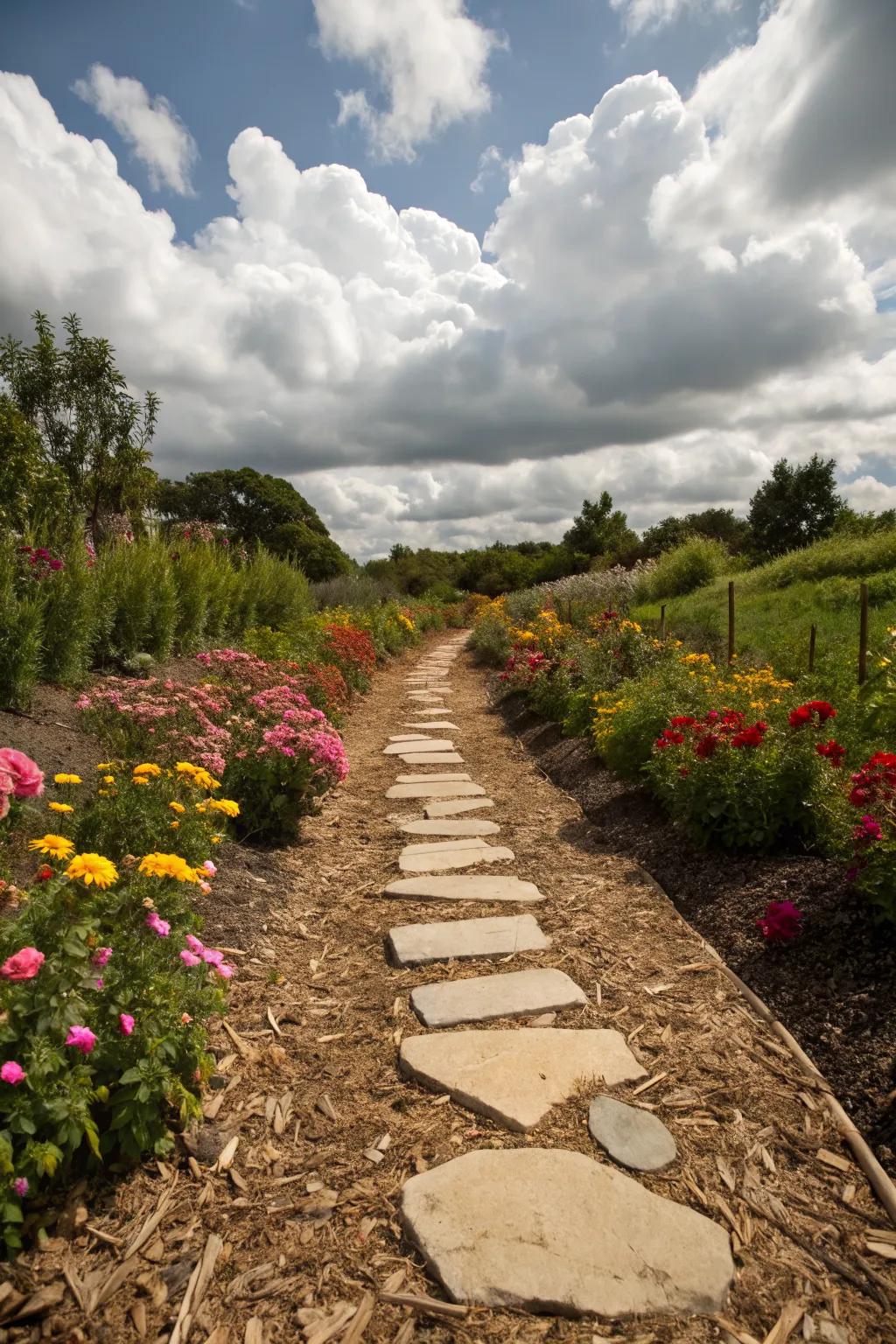 A mulch and stepping stone path adds charm to any garden.