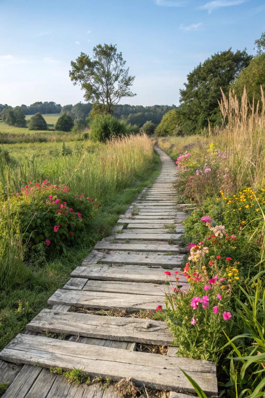 Pallet wood paths are rustic and sustainable.