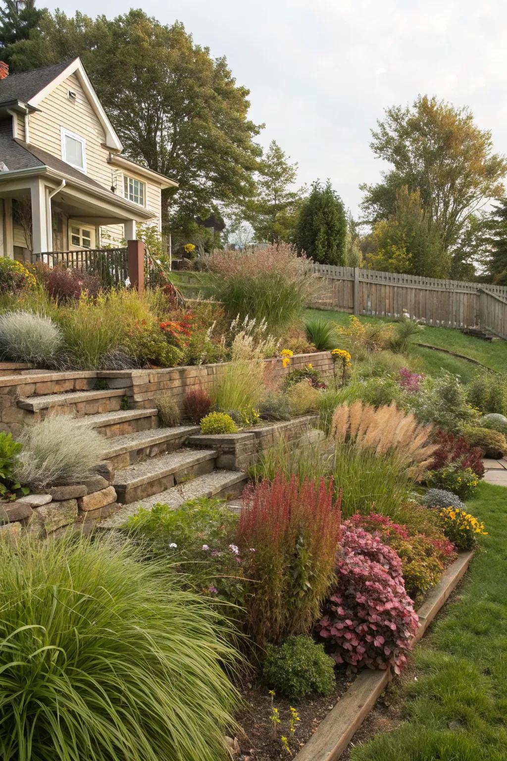 Grasses and perennials add texture and movement to your garden tiers.