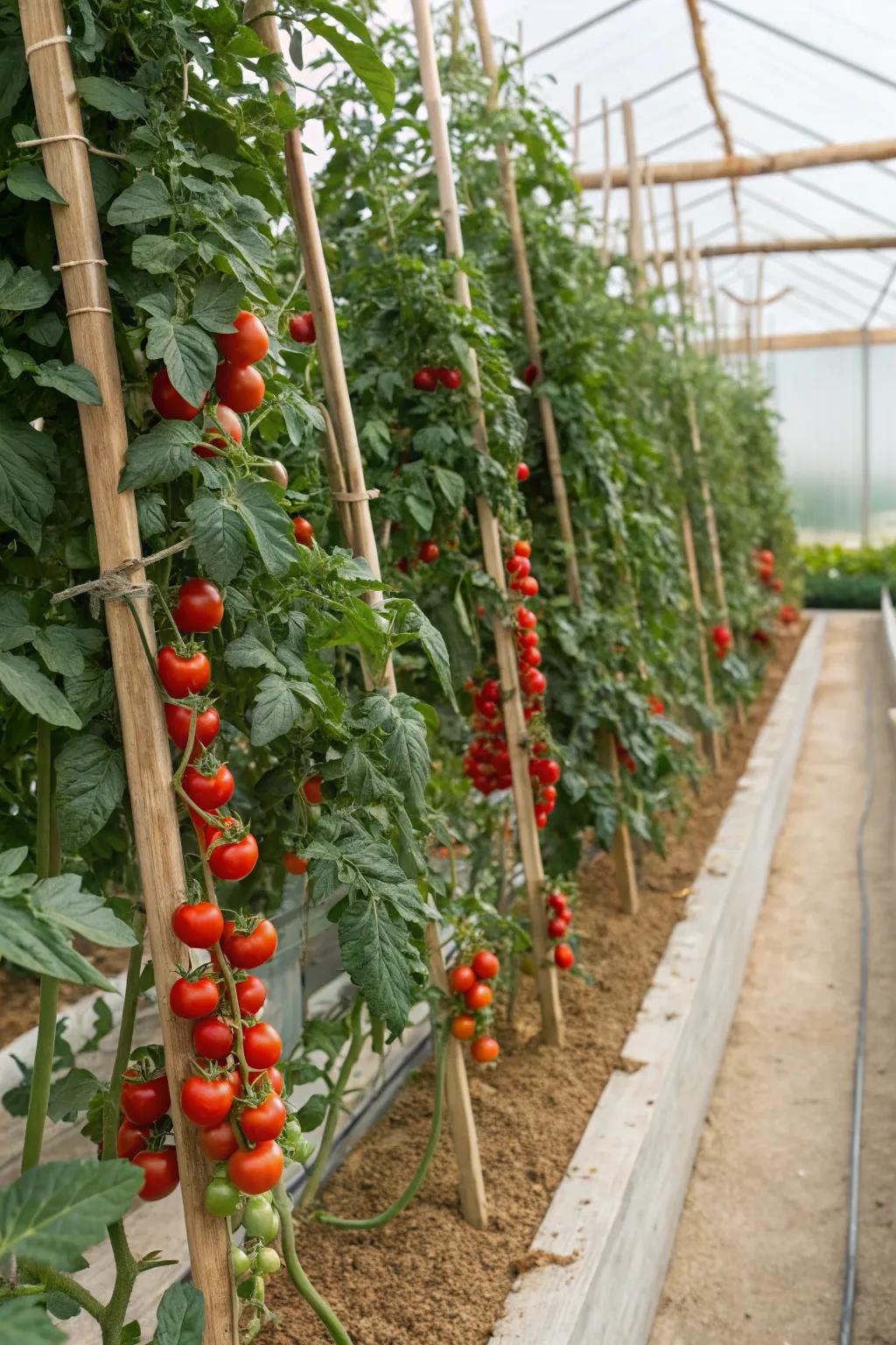 Cherry tomato plants climbing vertical strings in an organized garden.