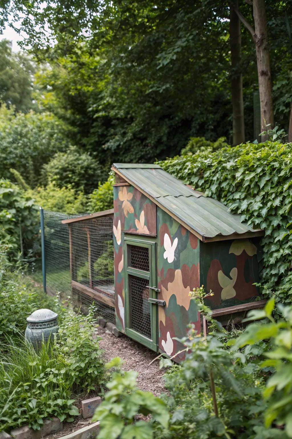 A cleverly camouflaged chicken coop blending seamlessly with its environment.