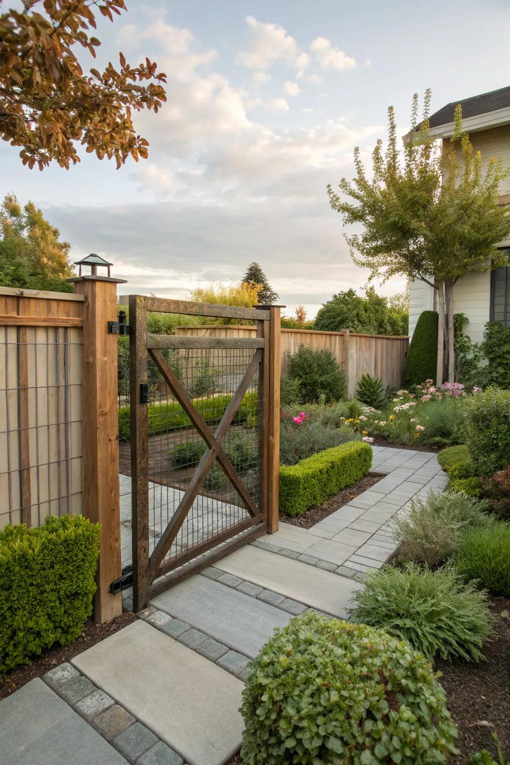 A stylish gate with vertical bracing for a modern look.