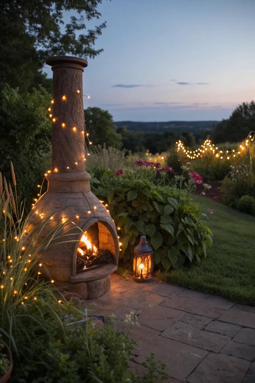 Create a magical ambiance with string lights around your chiminea.
