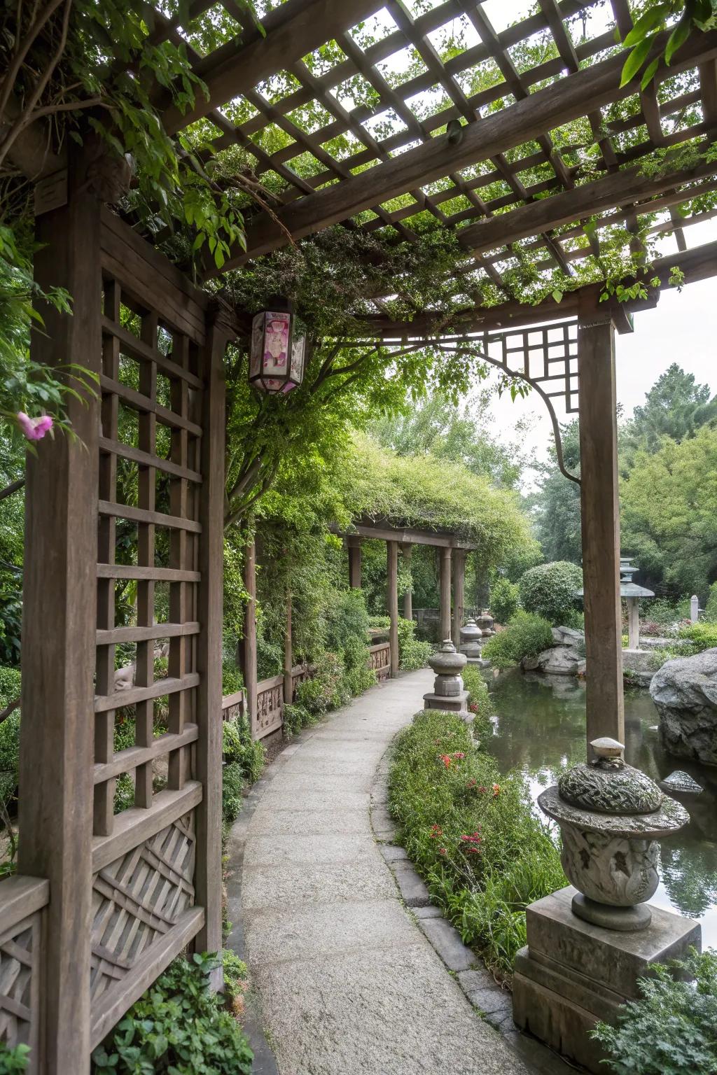 Intricate latticework adds pattern and privacy to the garden.