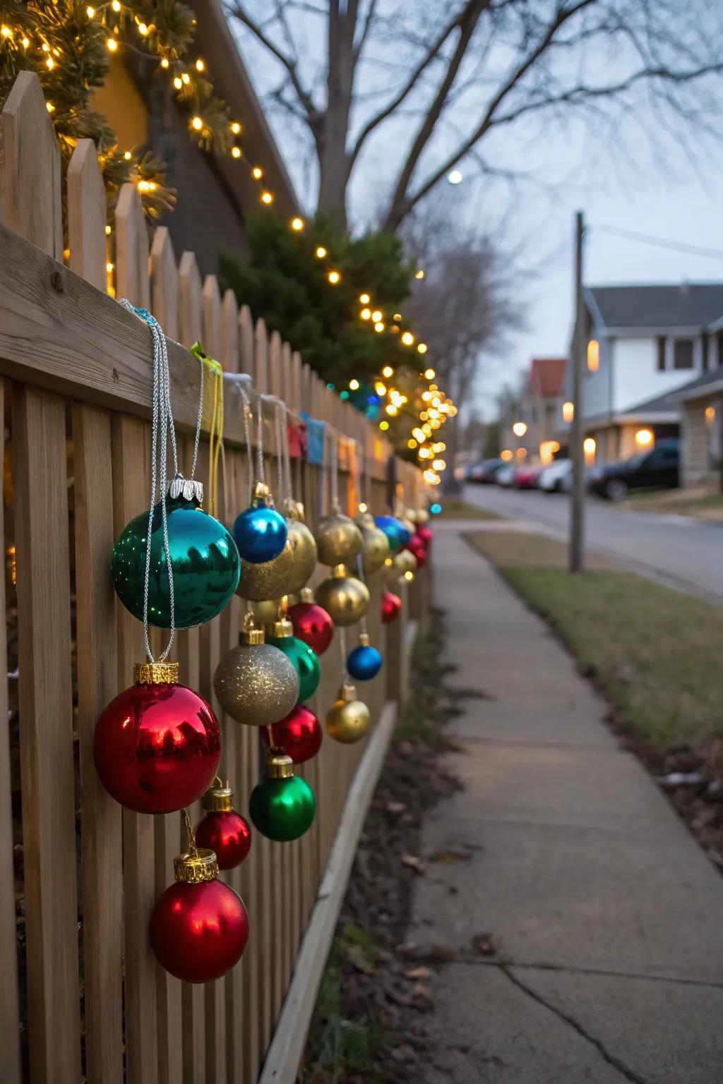 Clusters of ornaments add a sparkling touch to the festive fence.