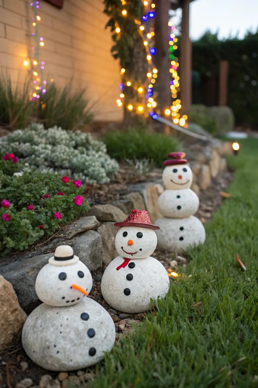 Adorable rock snowmen bring a whimsical touch to the garden.