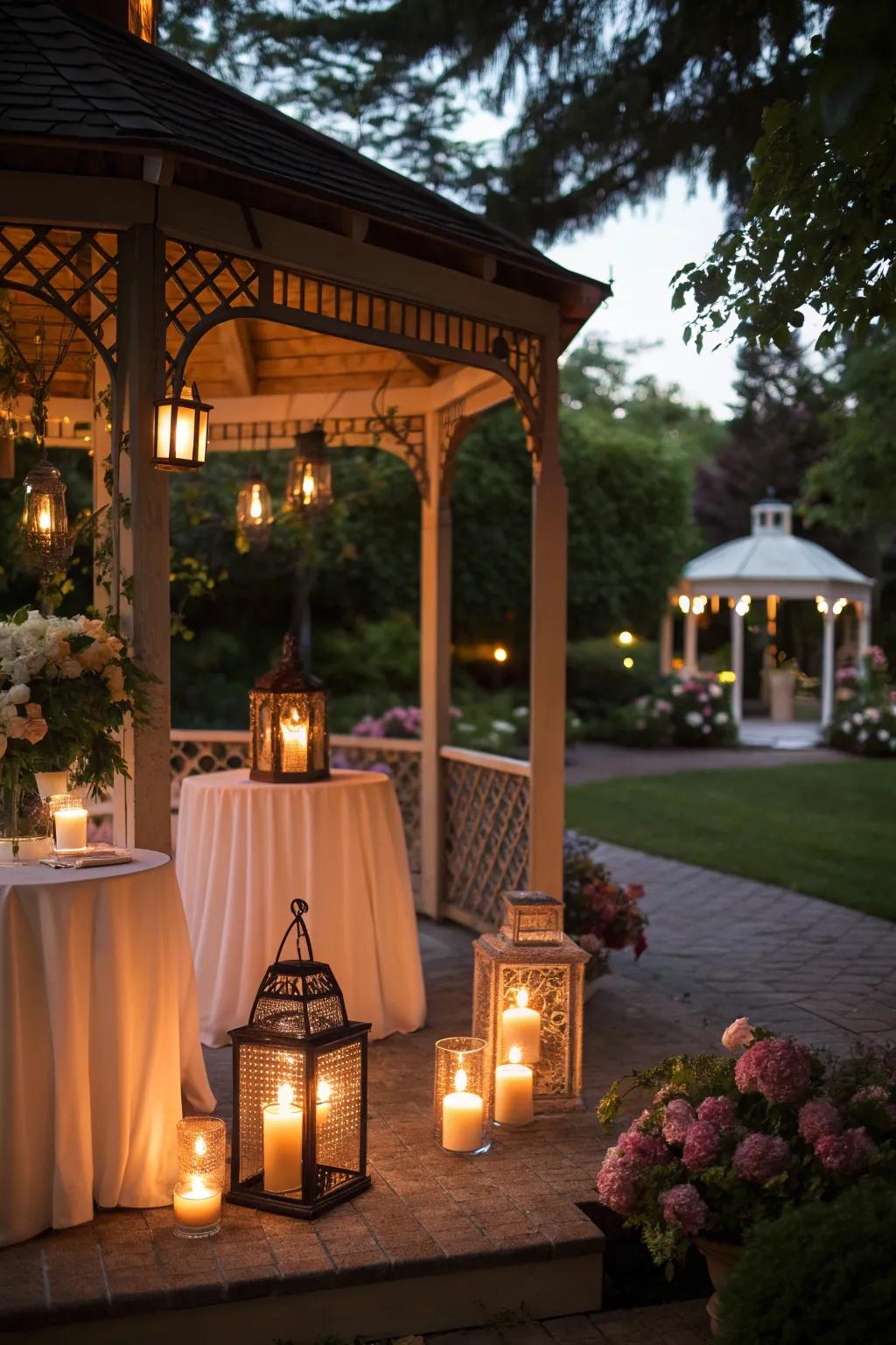Candles and lanterns create a cozy, intimate atmosphere.