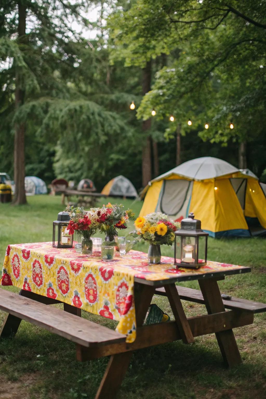 A holiday-themed picnic table invites festive feasting.