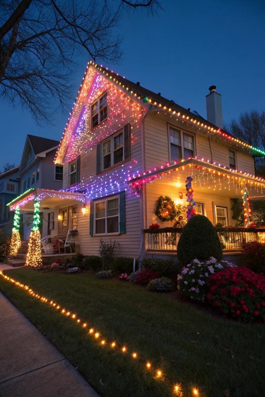 A house decked out in multicolored lights, offering a lively and festive atmosphere.