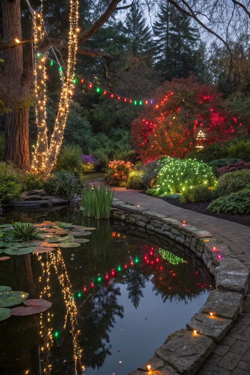 Christmas lights reflecting off a serene pond.