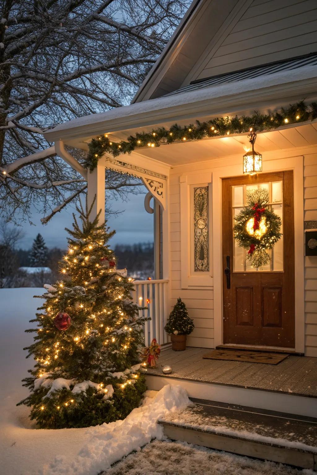 A matching wreath complements your porch Christmas tree beautifully.