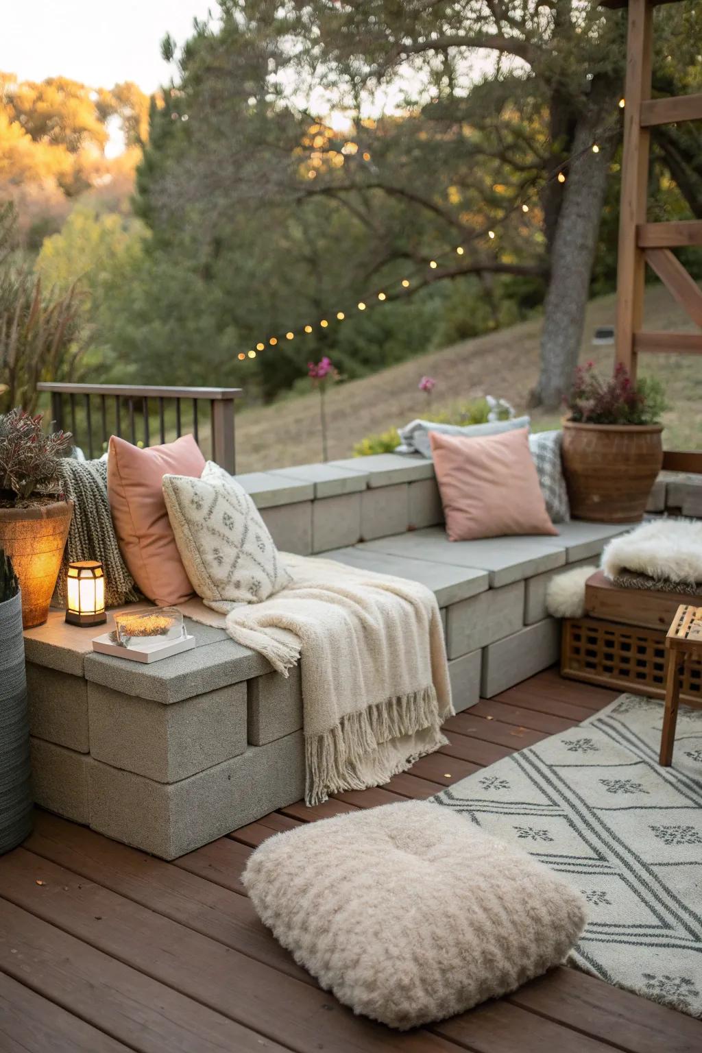 Relax in style with a cozy cinder block lounge area perfect for stargazing.