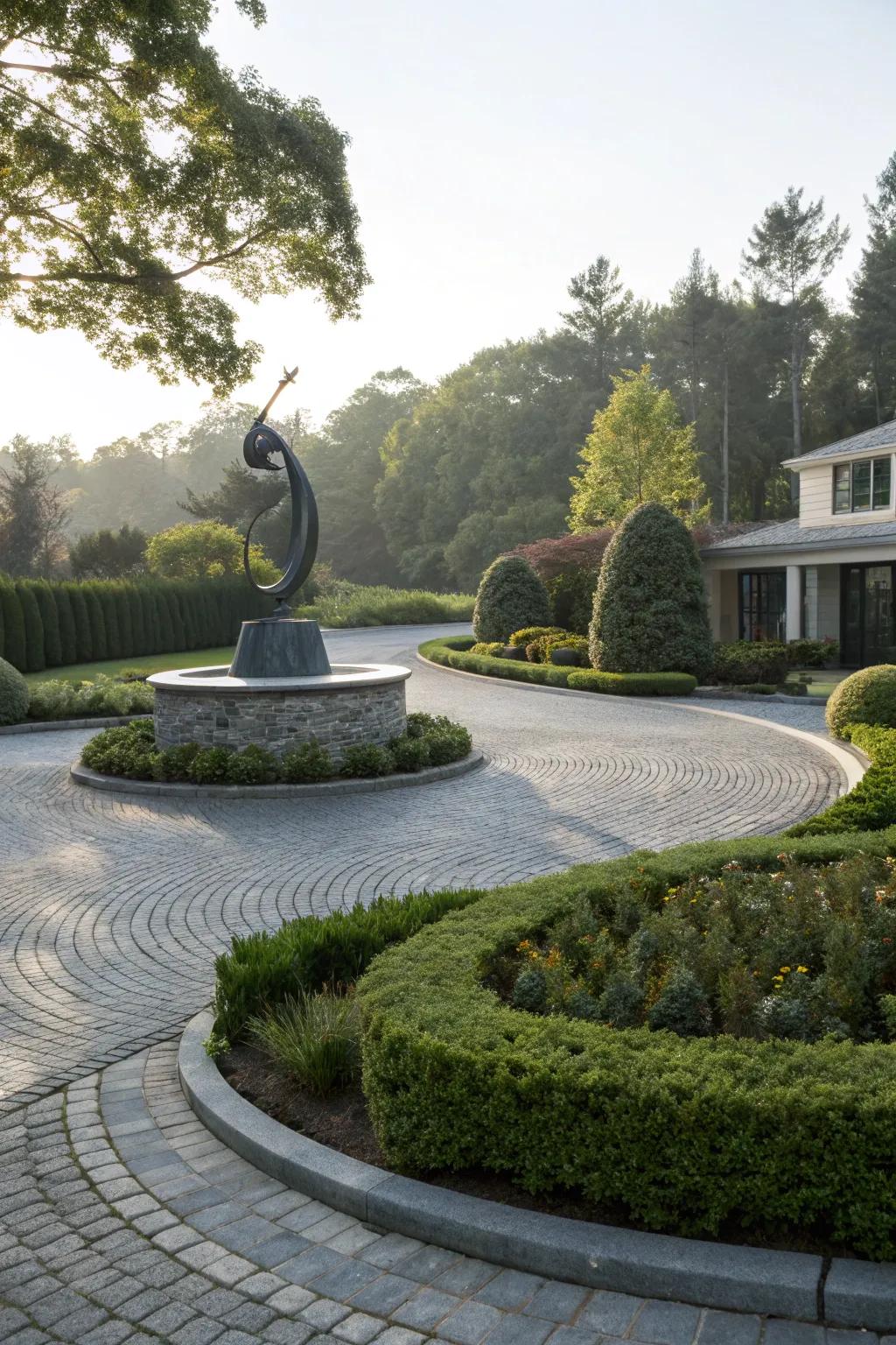 A sculptural element serves as a striking focal point in your driveway.
