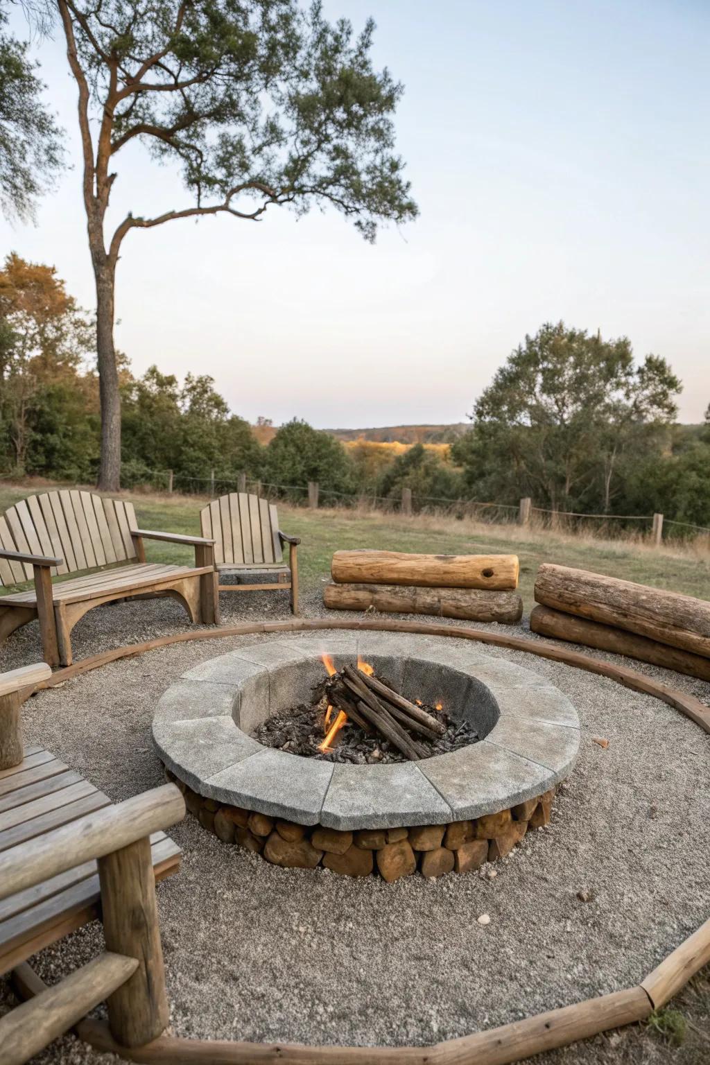A tidy gravel base complements the rustic charm of this circular fire pit.