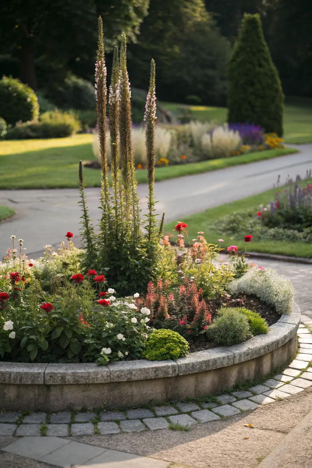 A circle flower bed featuring striking vertical plants.