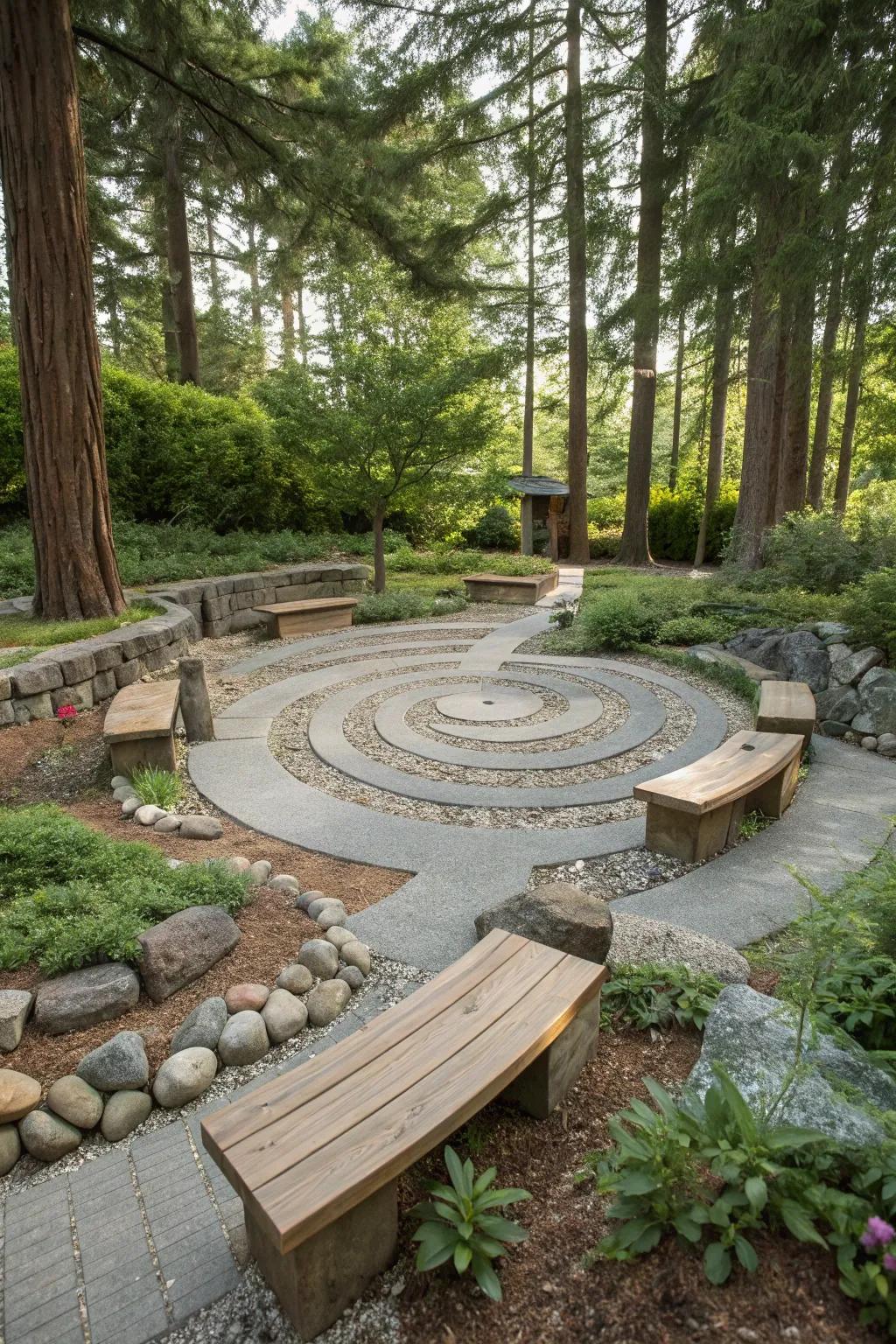 A mix of materials adds depth and interest to a circular garden.
