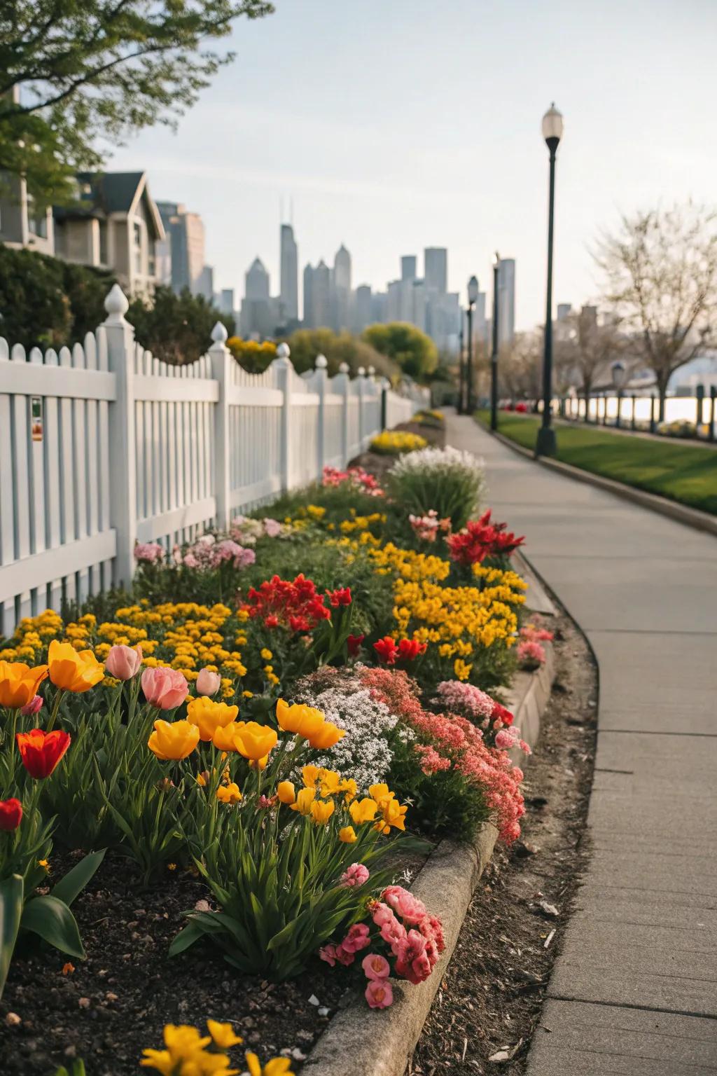 A city front yard bursting with vibrant seasonal flowers.