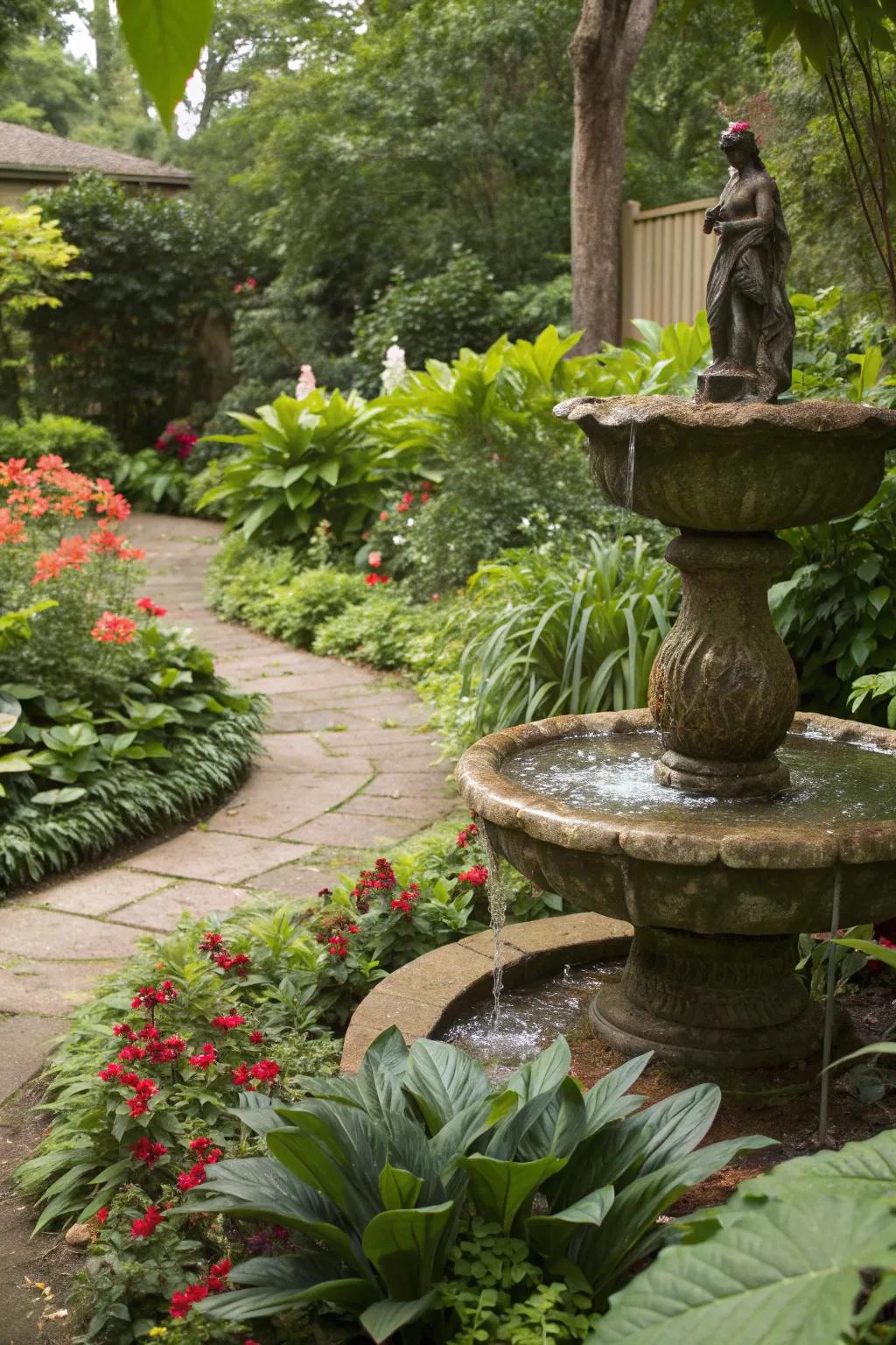 A garden sculpture serving as a focal point, enhancing the space's artistic appeal.