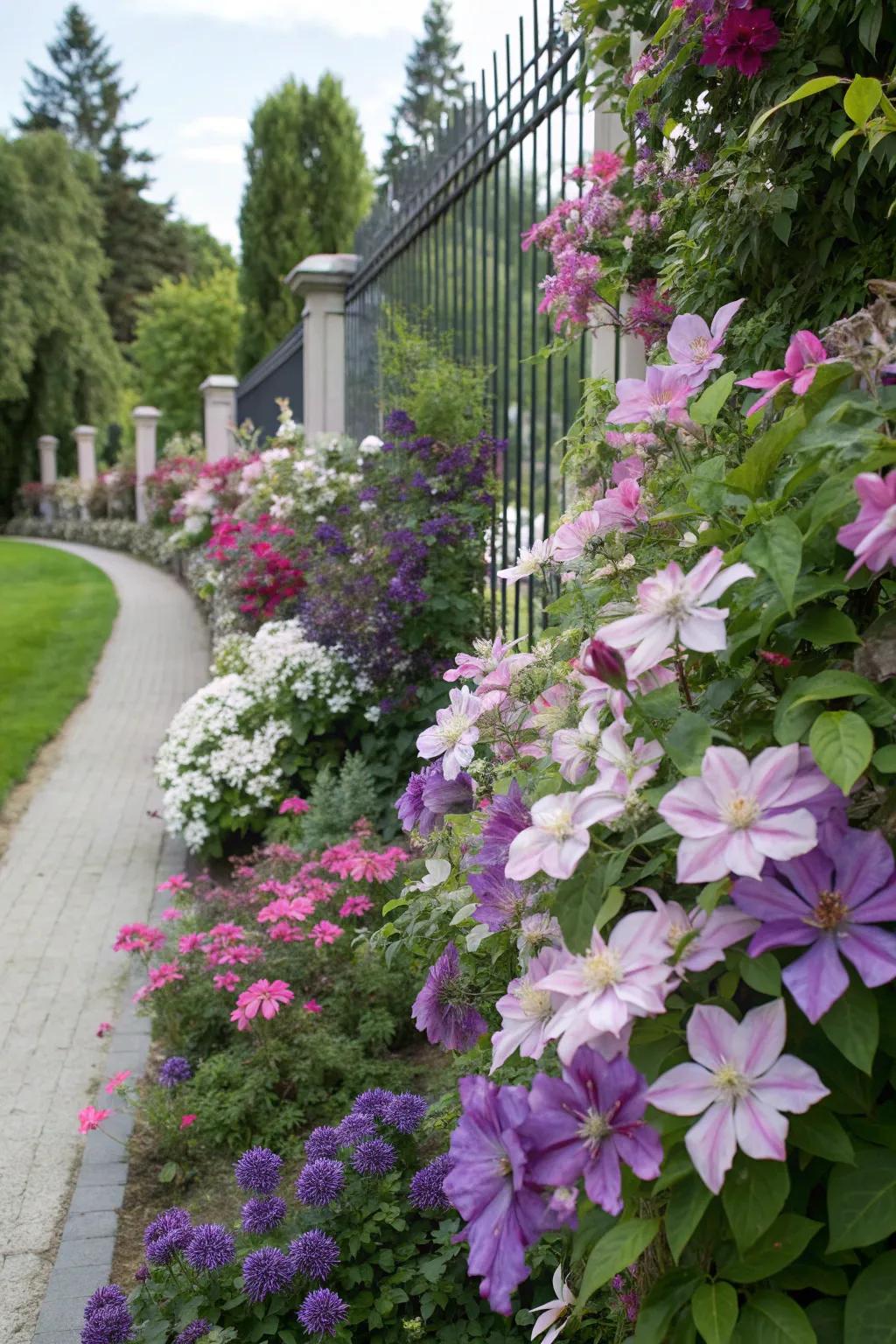 A vibrant garden border featuring clematis and companion plants.