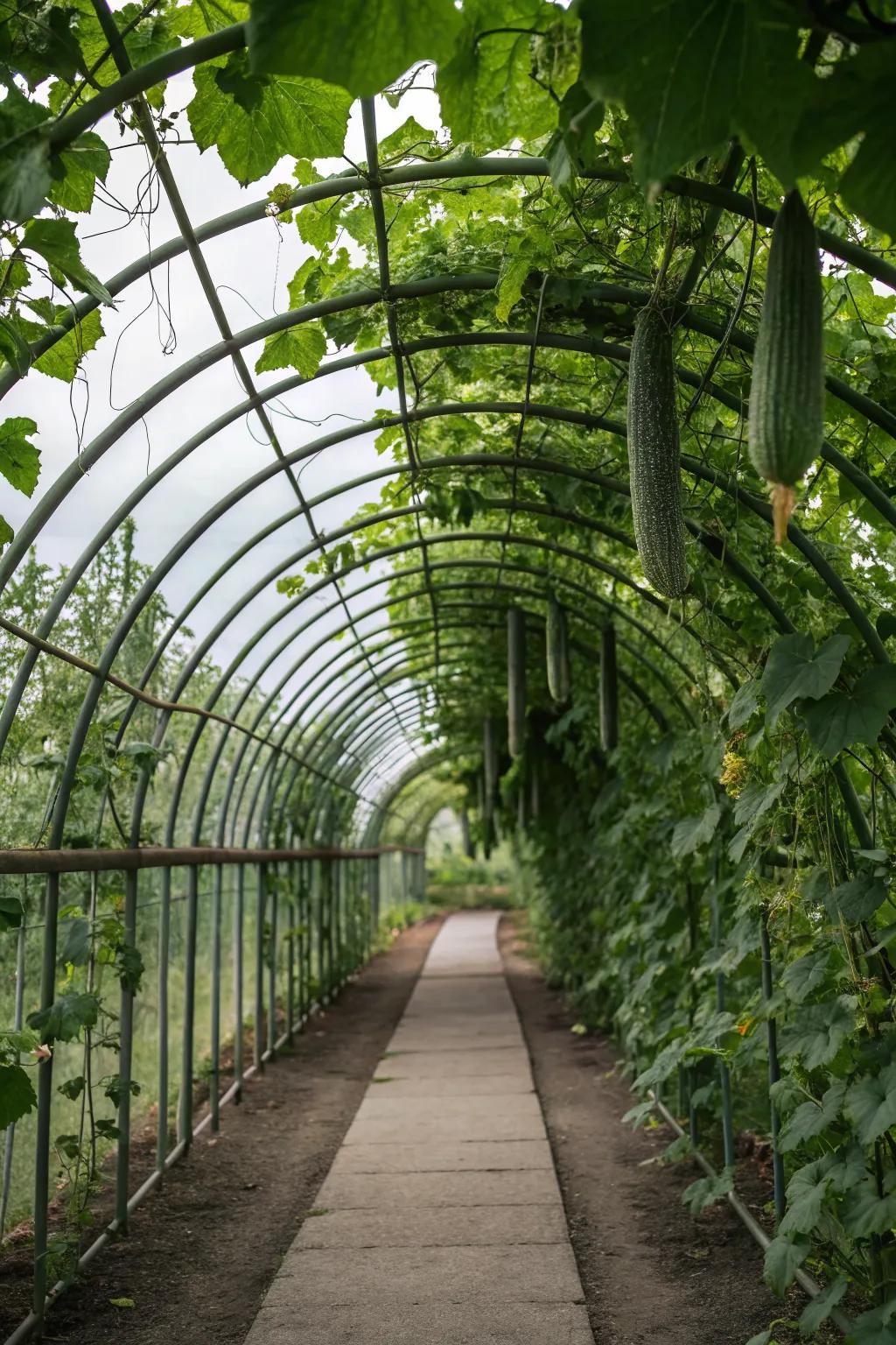 An enchanting cucumber tunnel with arching metal panels.