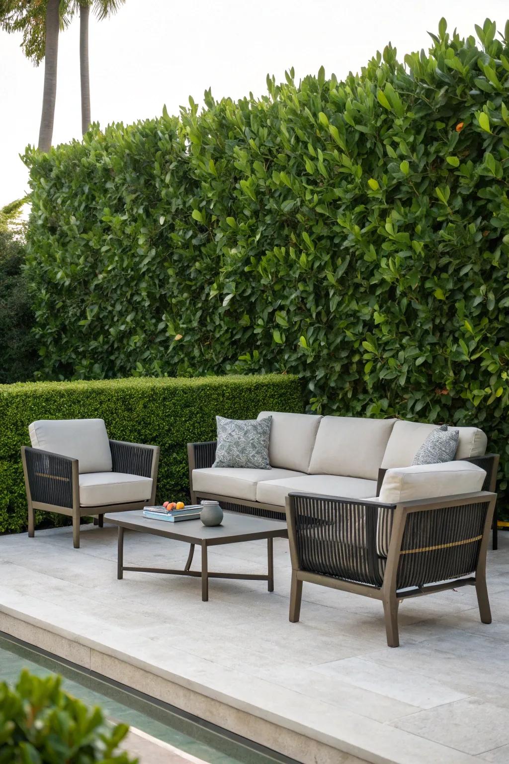 A clusia hedge sets a modern patio scene.