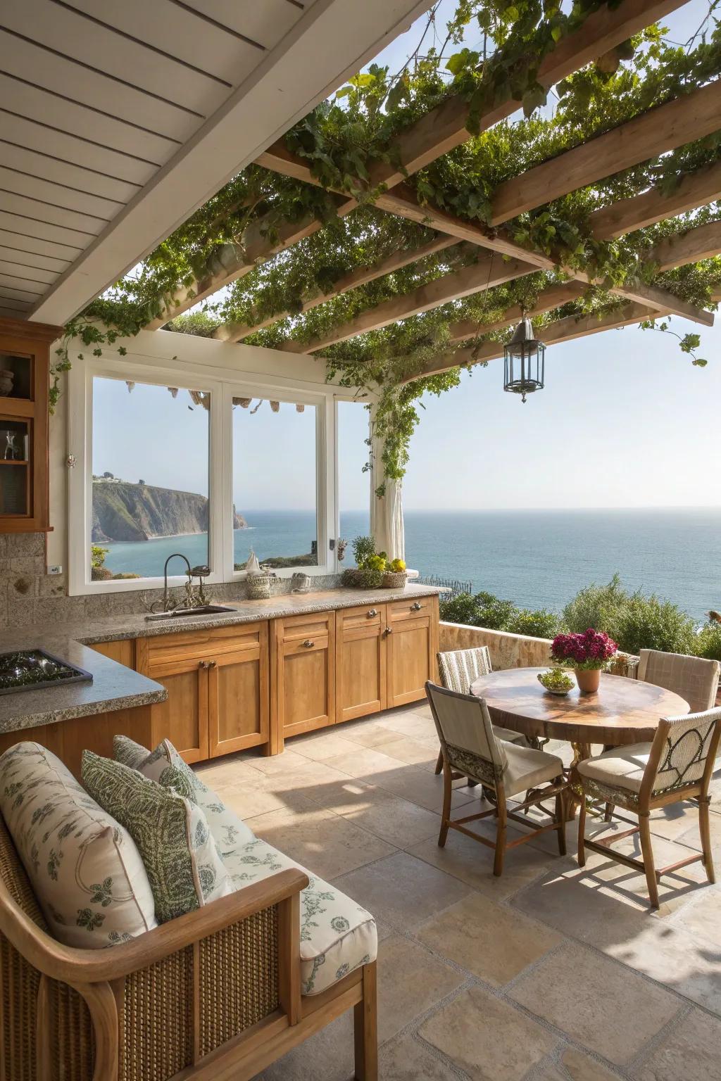 Sheltered kitchen section under a pergola.