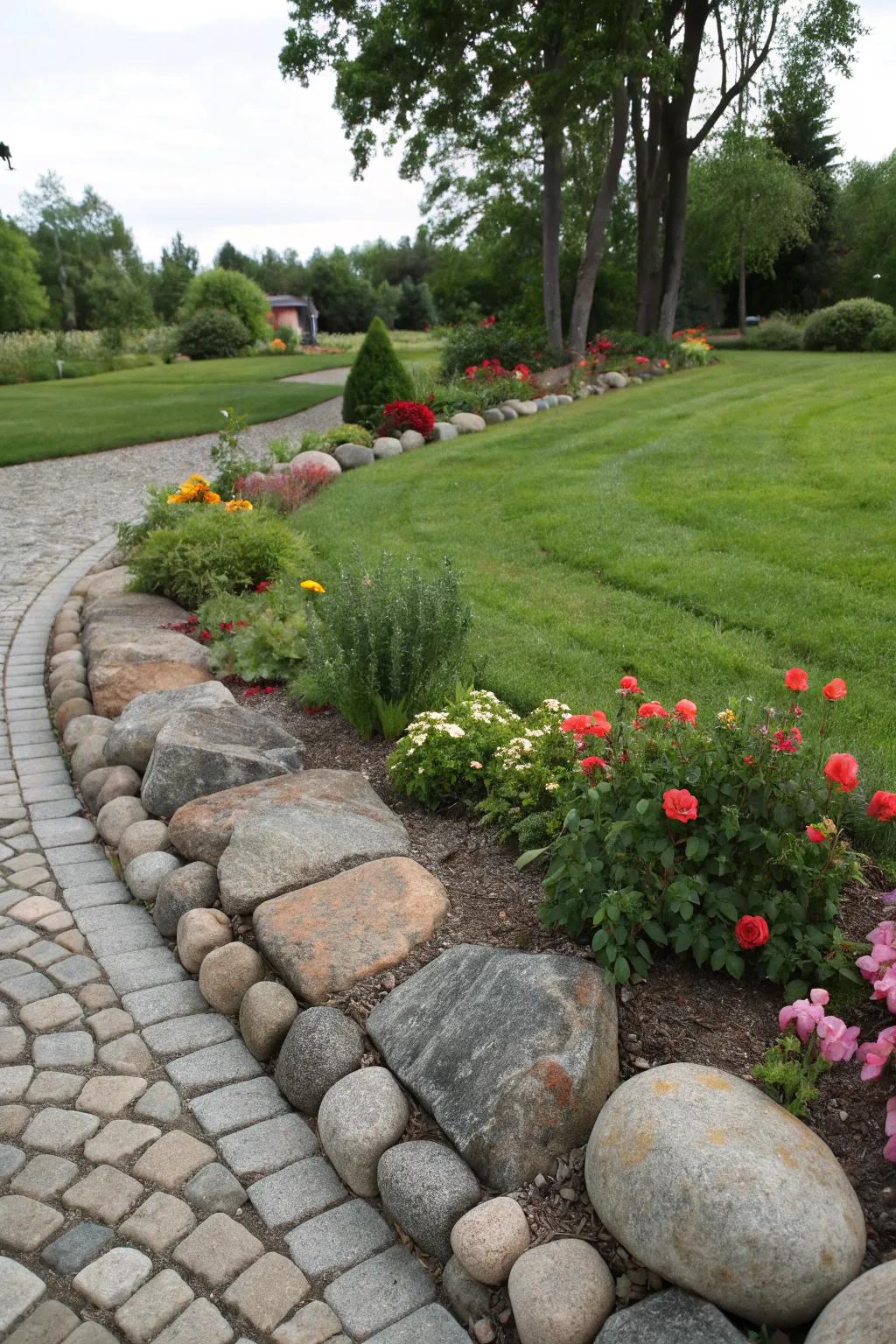 Cobblestone border accents in the garden.