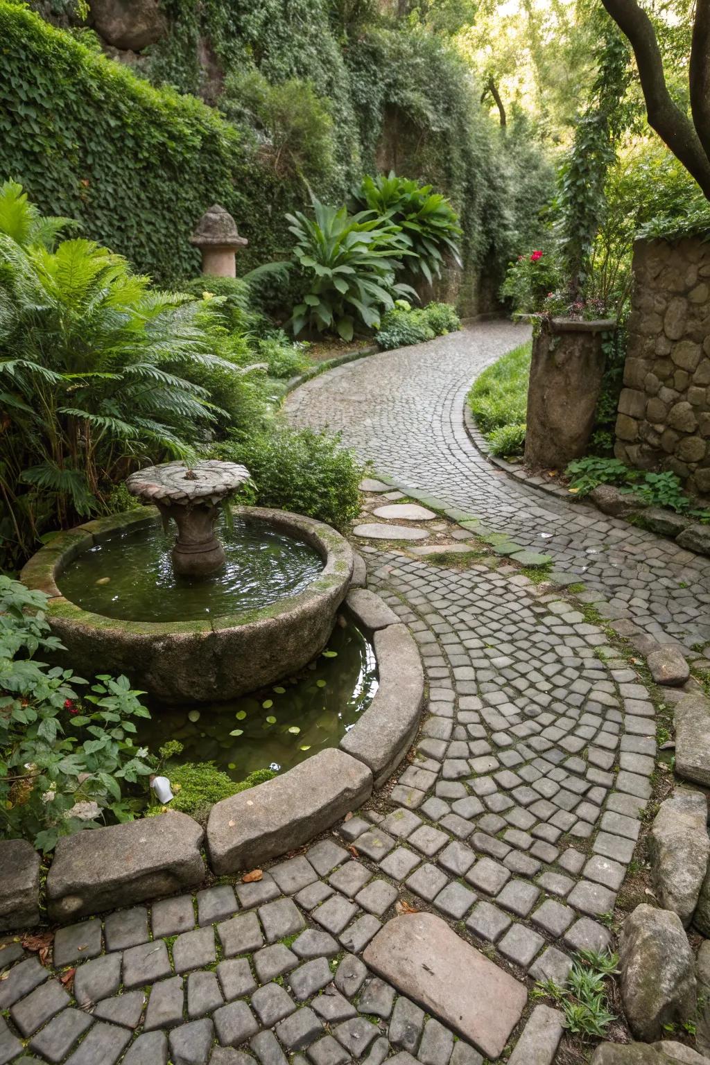 Cobblestones adding a rustic touch to a serene garden pond.