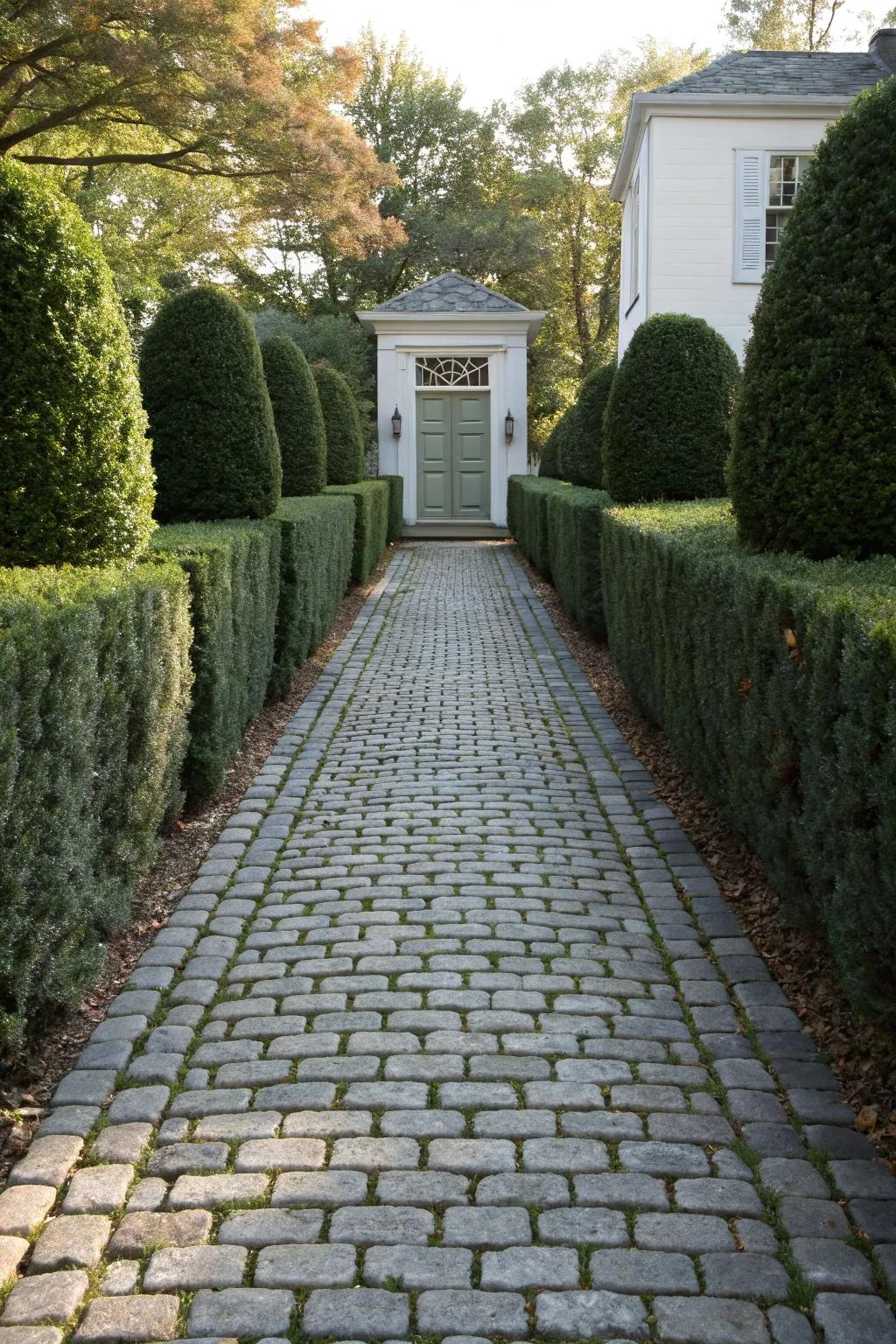 A formal straight cobblestone path leading to a home's entrance.