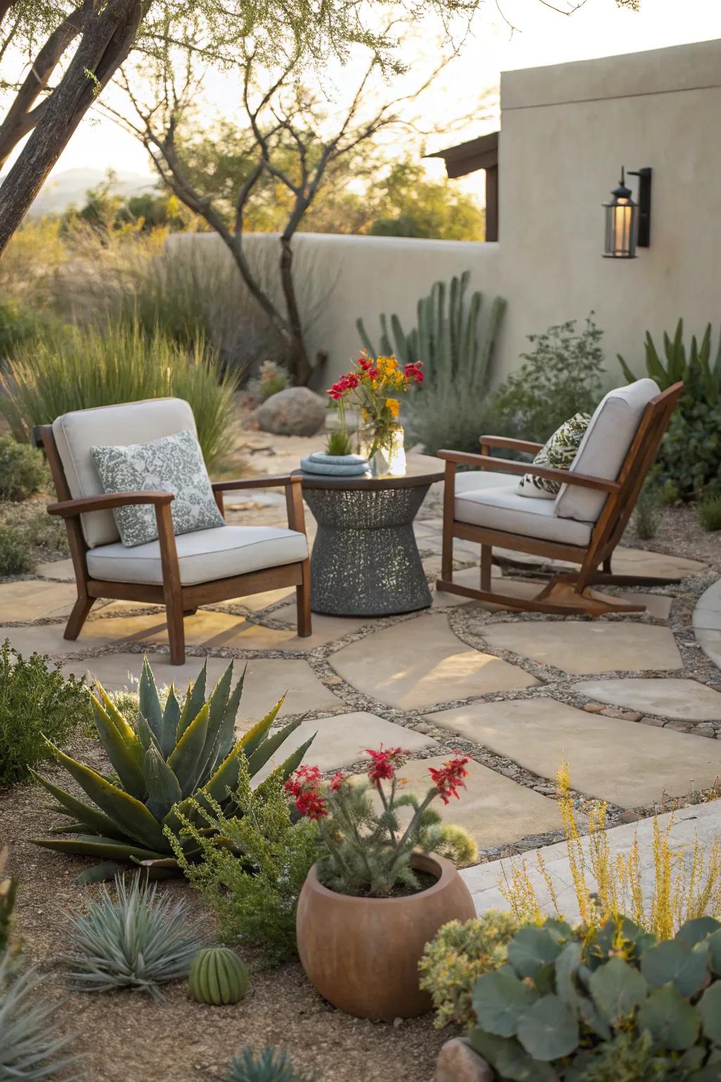 An inviting outdoor living space nestled within a xeriscape.