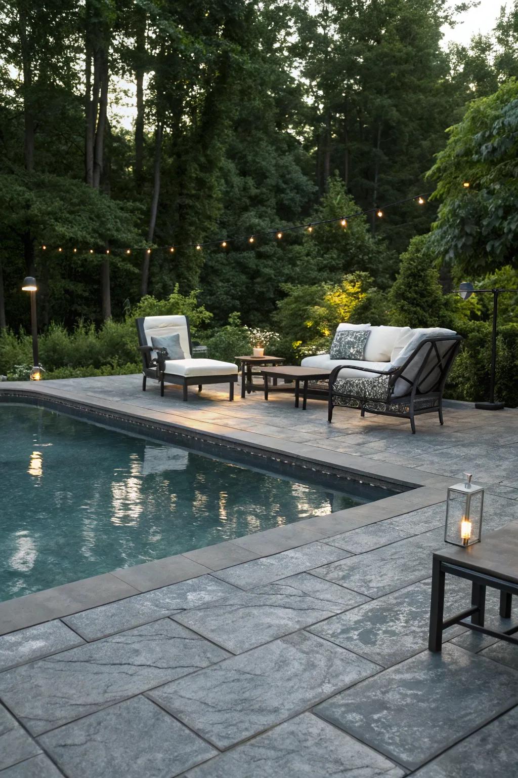 Slate-colored concrete provides an elegant stone-like appearance.