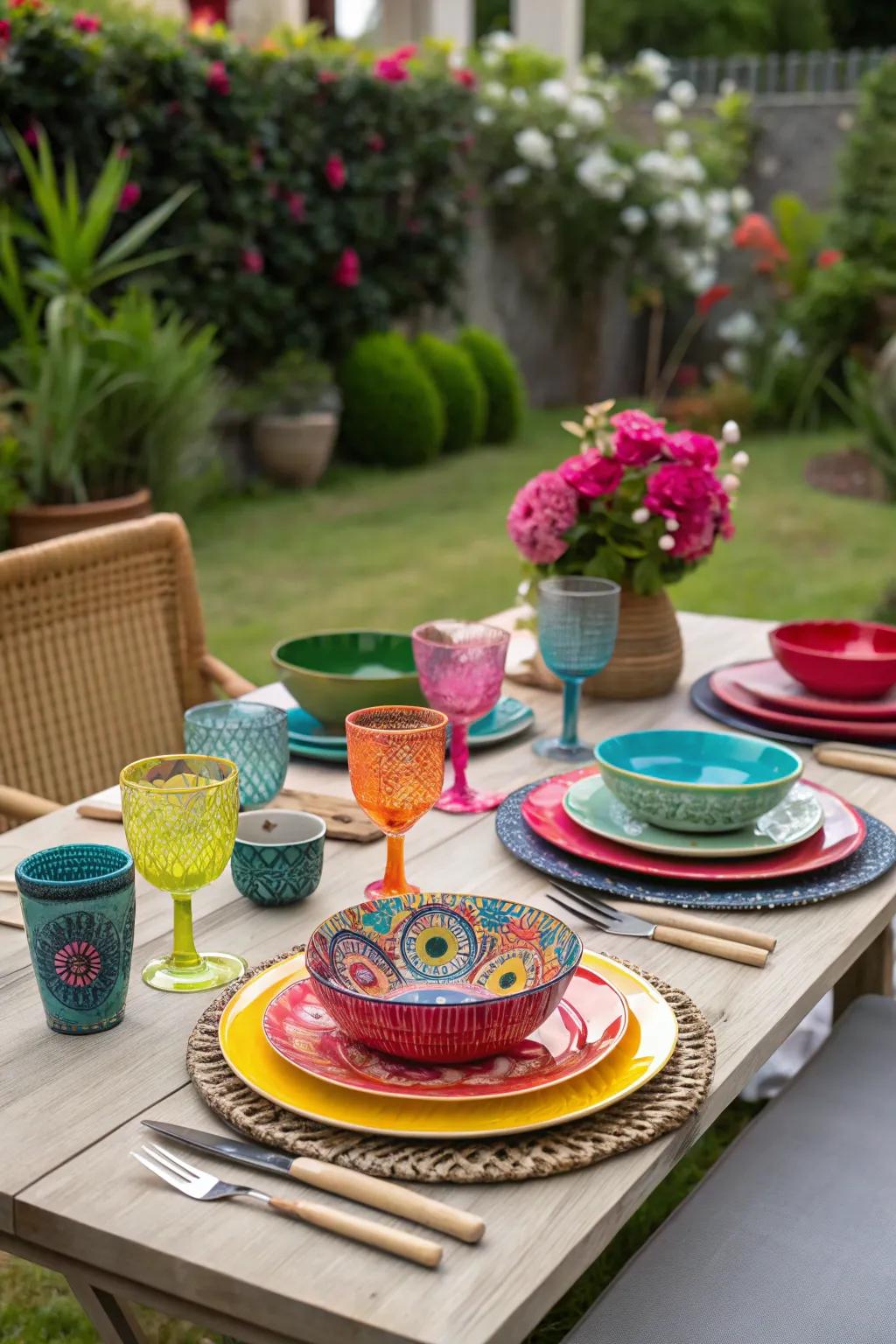 Outdoor dining with colorful settings makes meals festive.