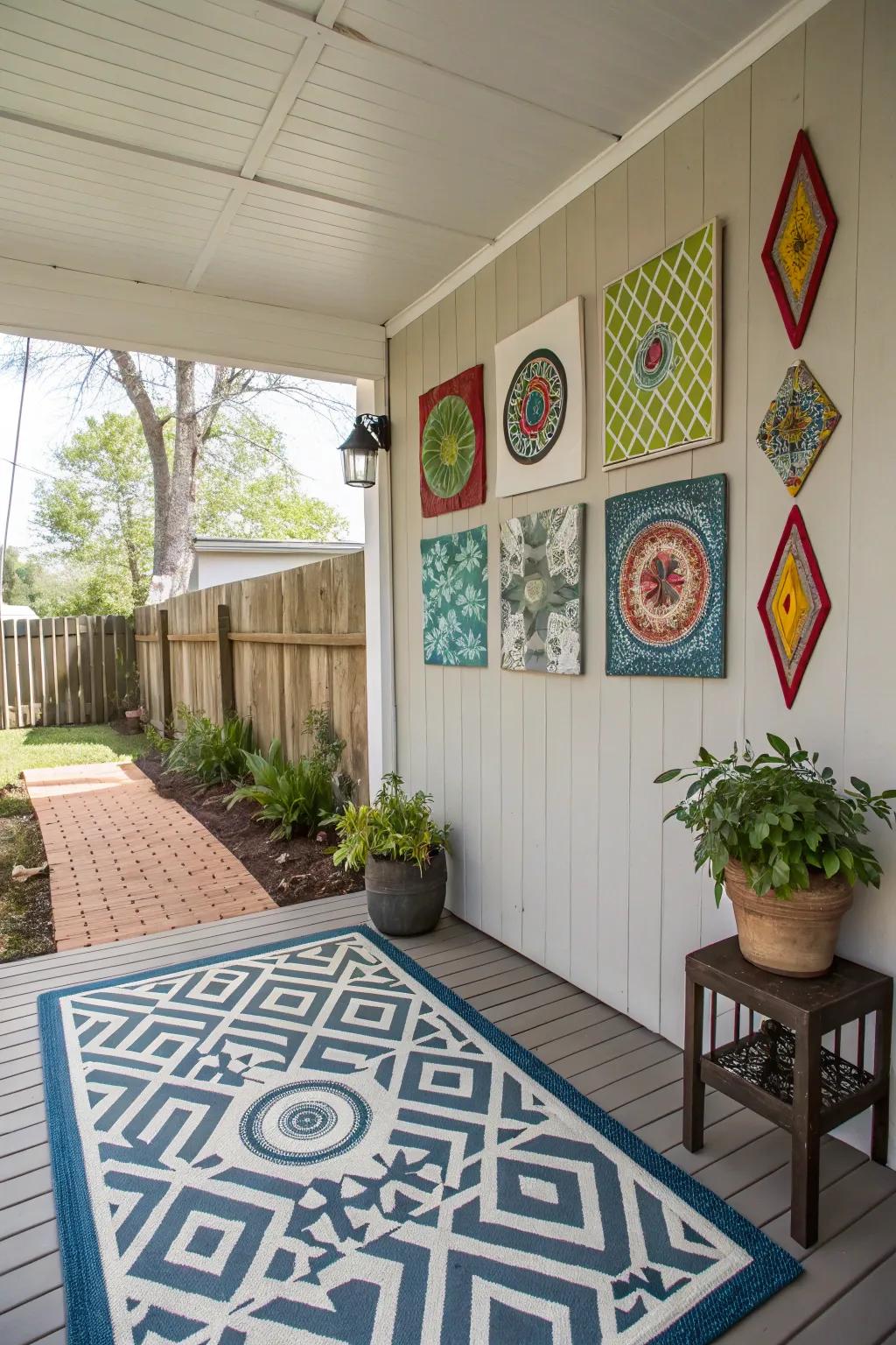 A porch featuring unique wall art and a geometric patterned outdoor rug.