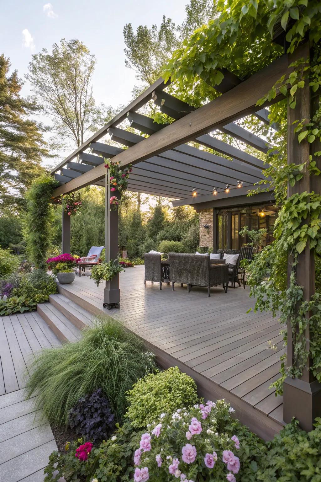 A pergola adds shade and structure to this outdoor space.