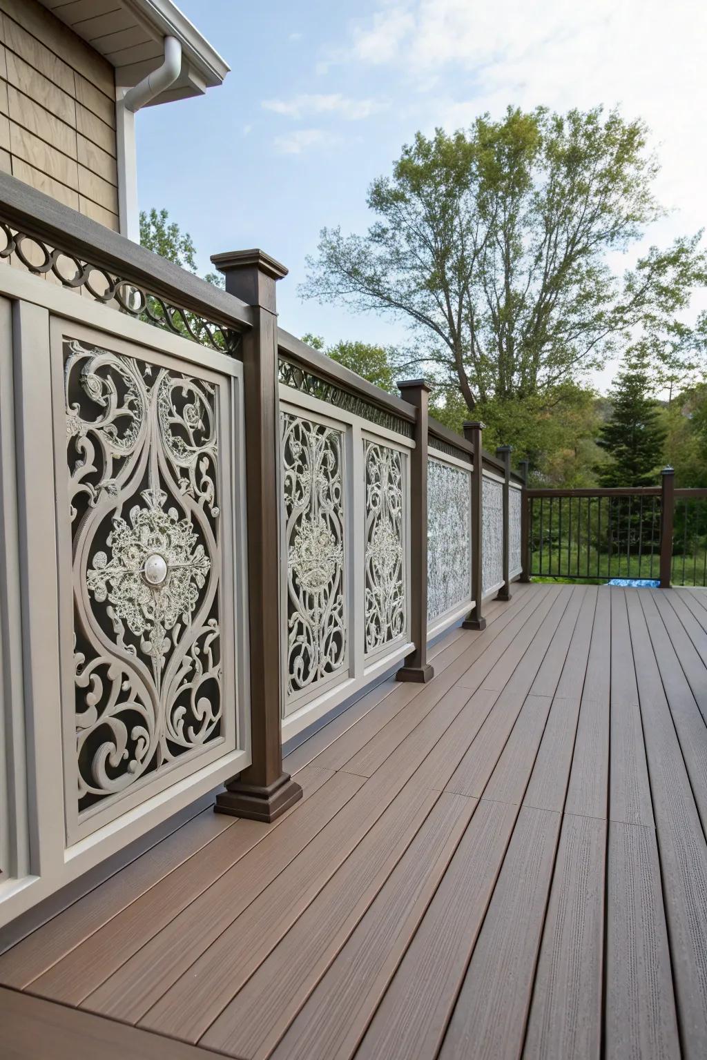 Composite deck with decorative panels, showcasing intricate, personalized designs.