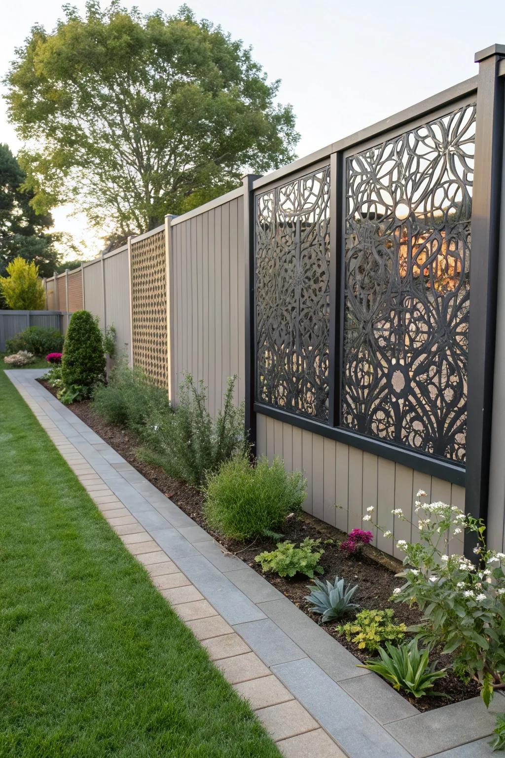 A decorative screen adds an artistic element to this composite fence.
